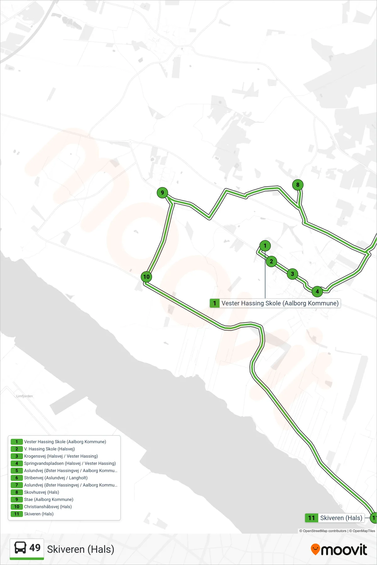 49 bus Linje (Skiveren (Hals)) rute og stop på et kort