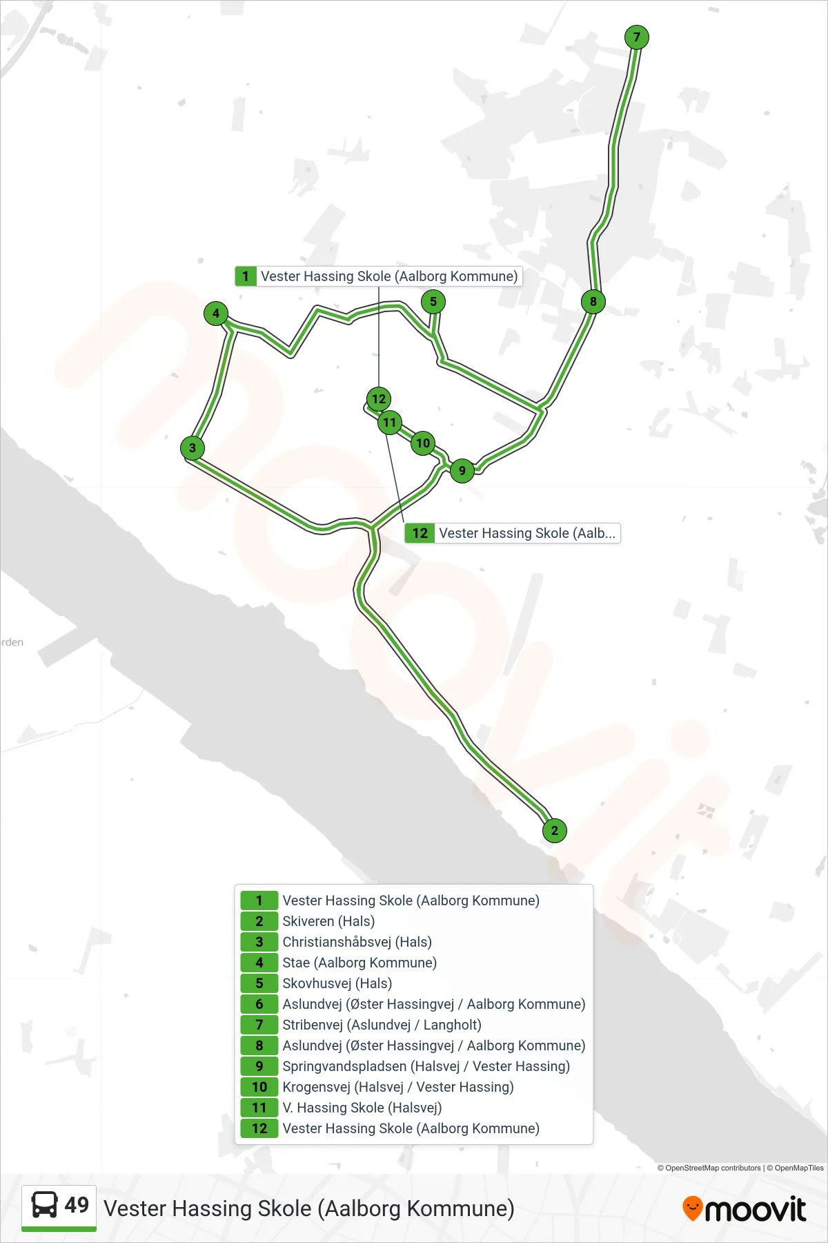 49 bus Linje (Vester Hassing Skole (Aalborg Kommune)) rute og stop på et kort