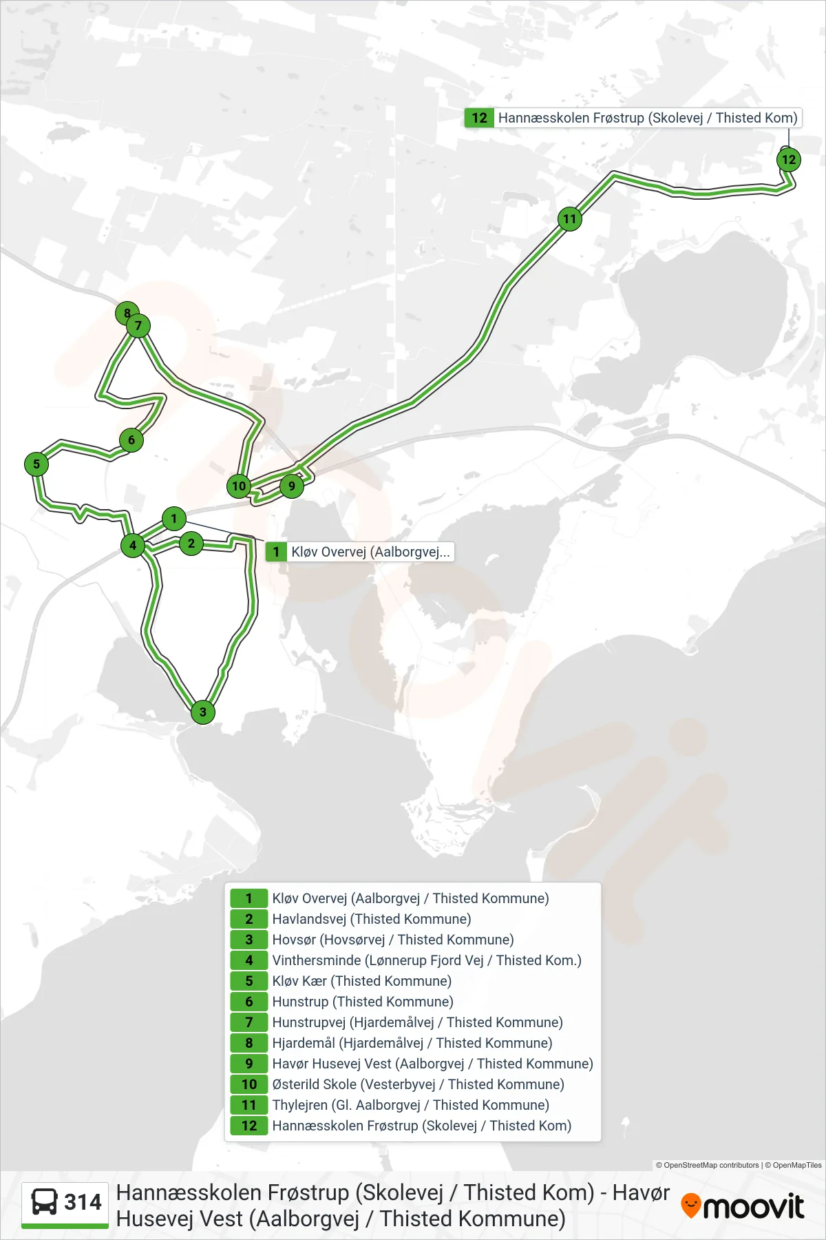 314 bus Linje (Hannæsskolen Frøstrup (Skolevej / Thisted Kom)) rute og stop på et kort