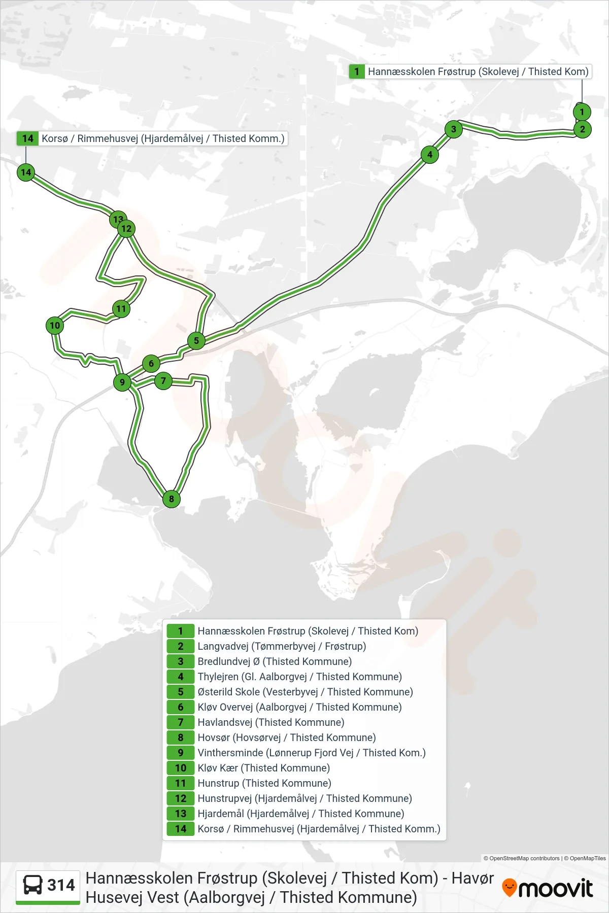 314 bus Linje (Østerild Skole (Vesterbyvej / Thisted Kommune)) rute og stop på et kort
