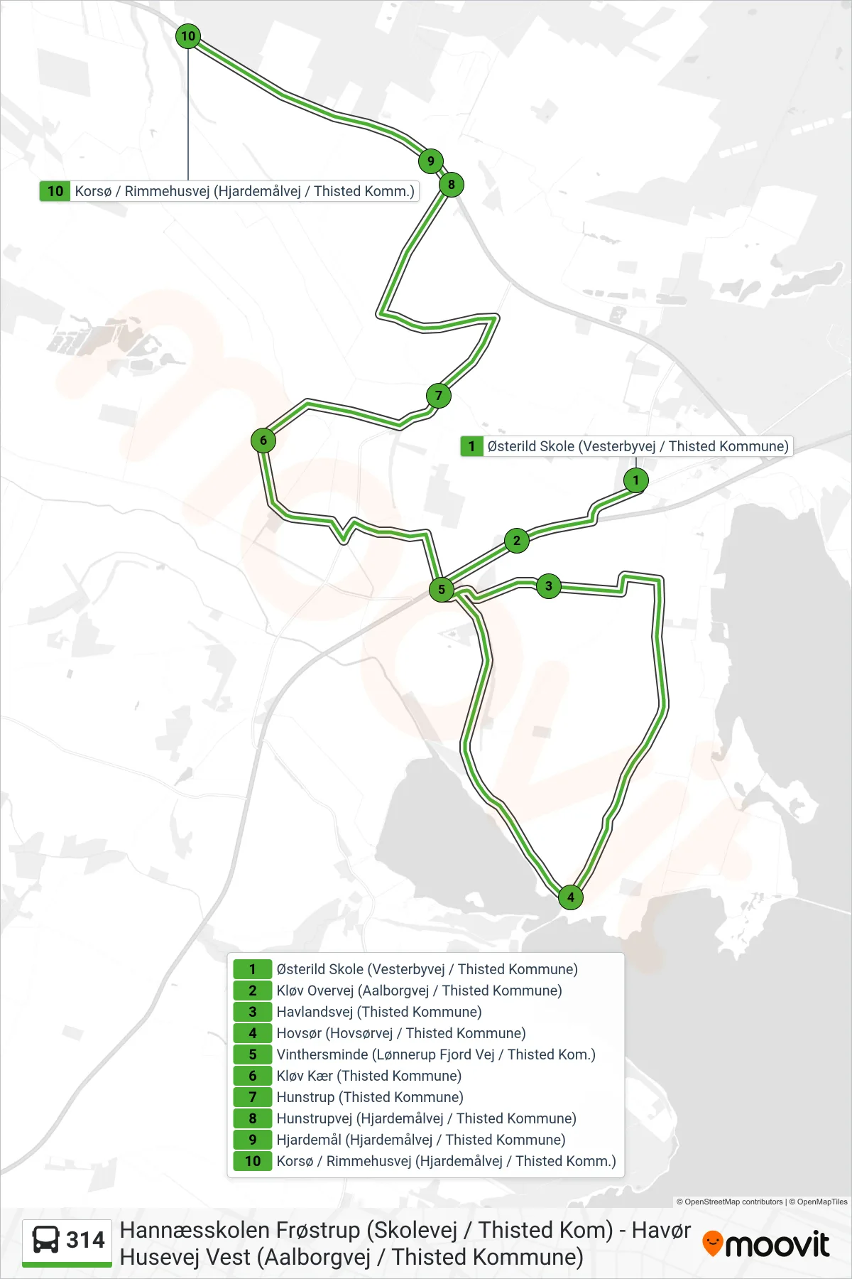 314 bus Linje (Korsø / Rimmehusvej (Hjardemålvej / Thisted Komm.)) rute og stop på et kort