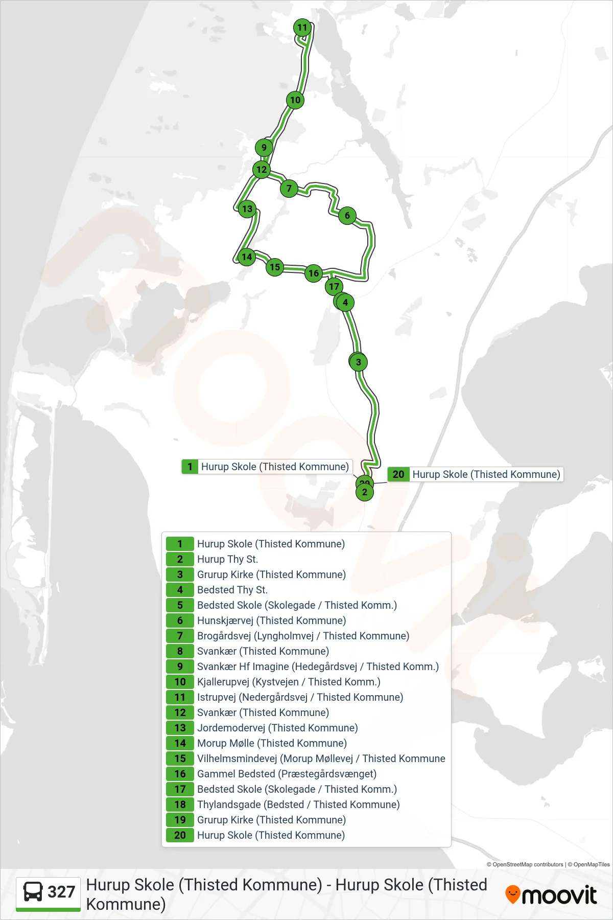 327 bus Linje (Hurup Skole (Thisted Kommune)) rute og stop på et kort