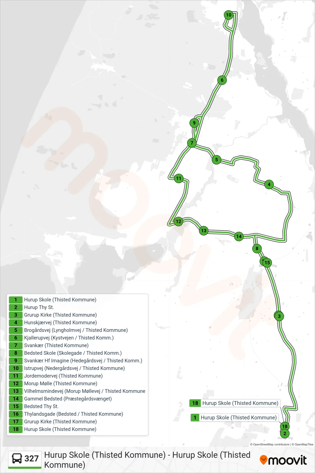 327 bus Linje (Hurup - Bedsted - Svankær - Istrup) rute og stop på et kort