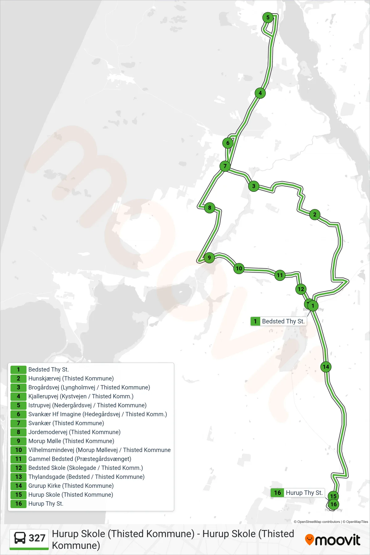 327 bus Linje (Hurup Skole Via Istrup - Svankær - Bedsted) rute og stop på et kort