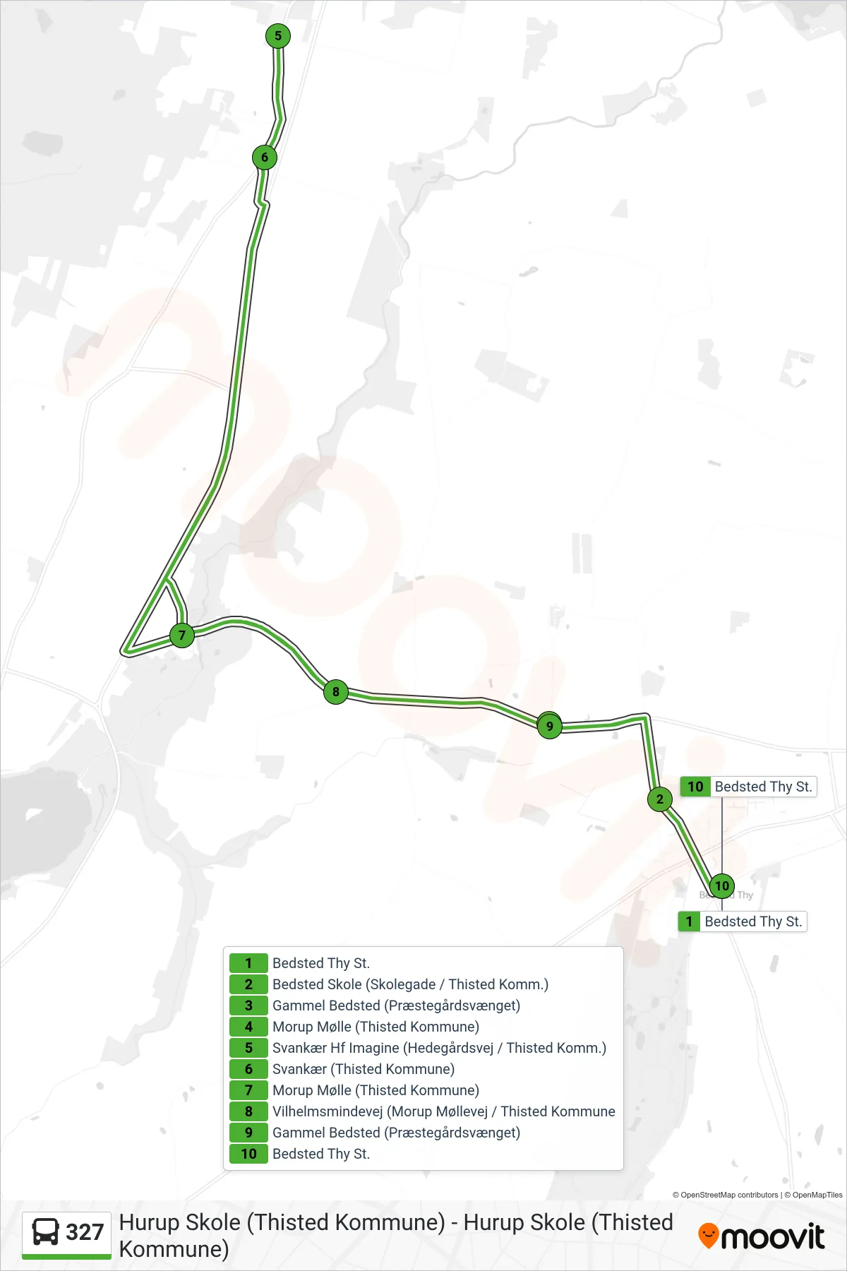 327 bus Linje (Svankær - Bedsted) rute og stop på et kort