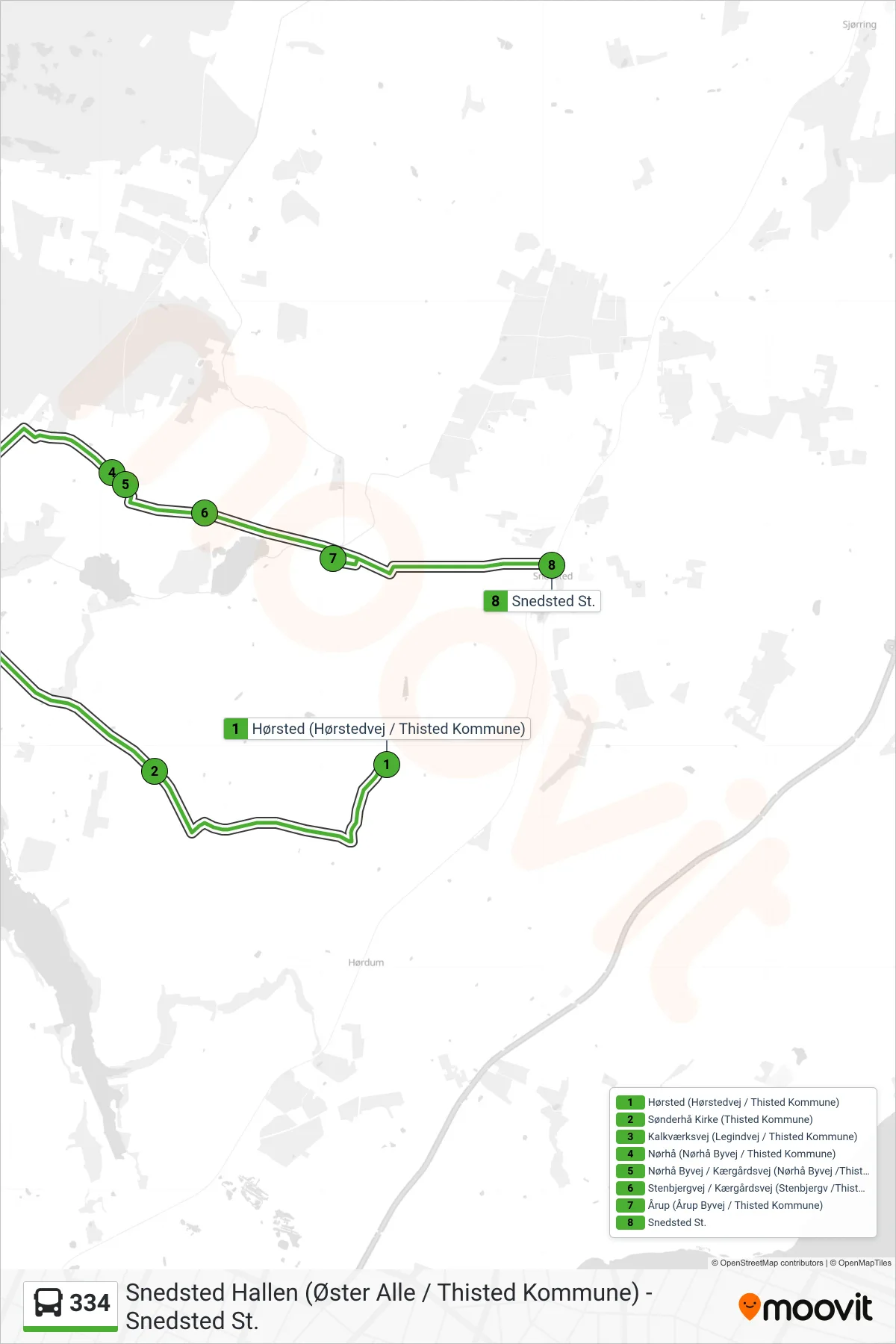 334 bus Linje (Nørhå - Snedsted) rute og stop på et kort