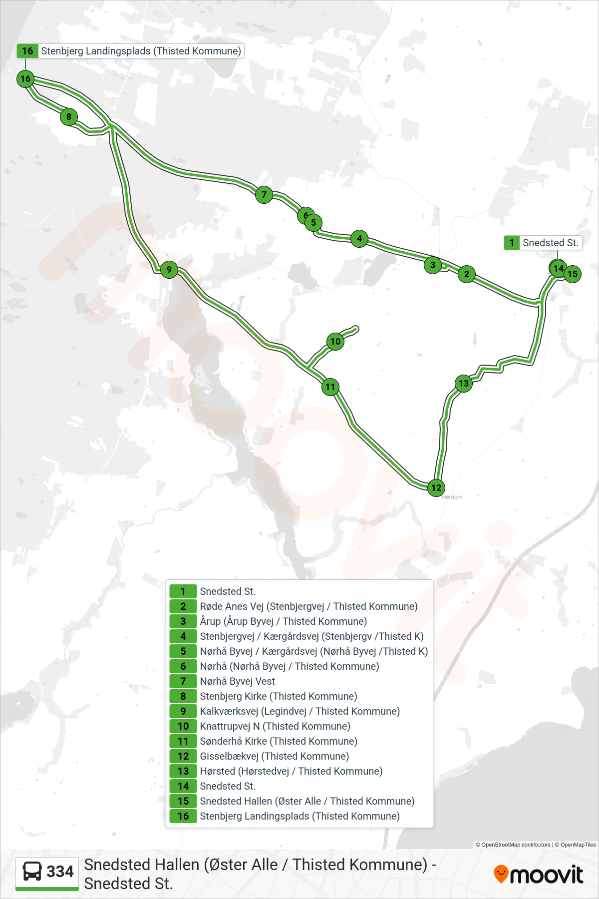 334 bus Linje (Nørhå - Stenbjerg - Hørsted - Snedsted) rute og stop på et kort
