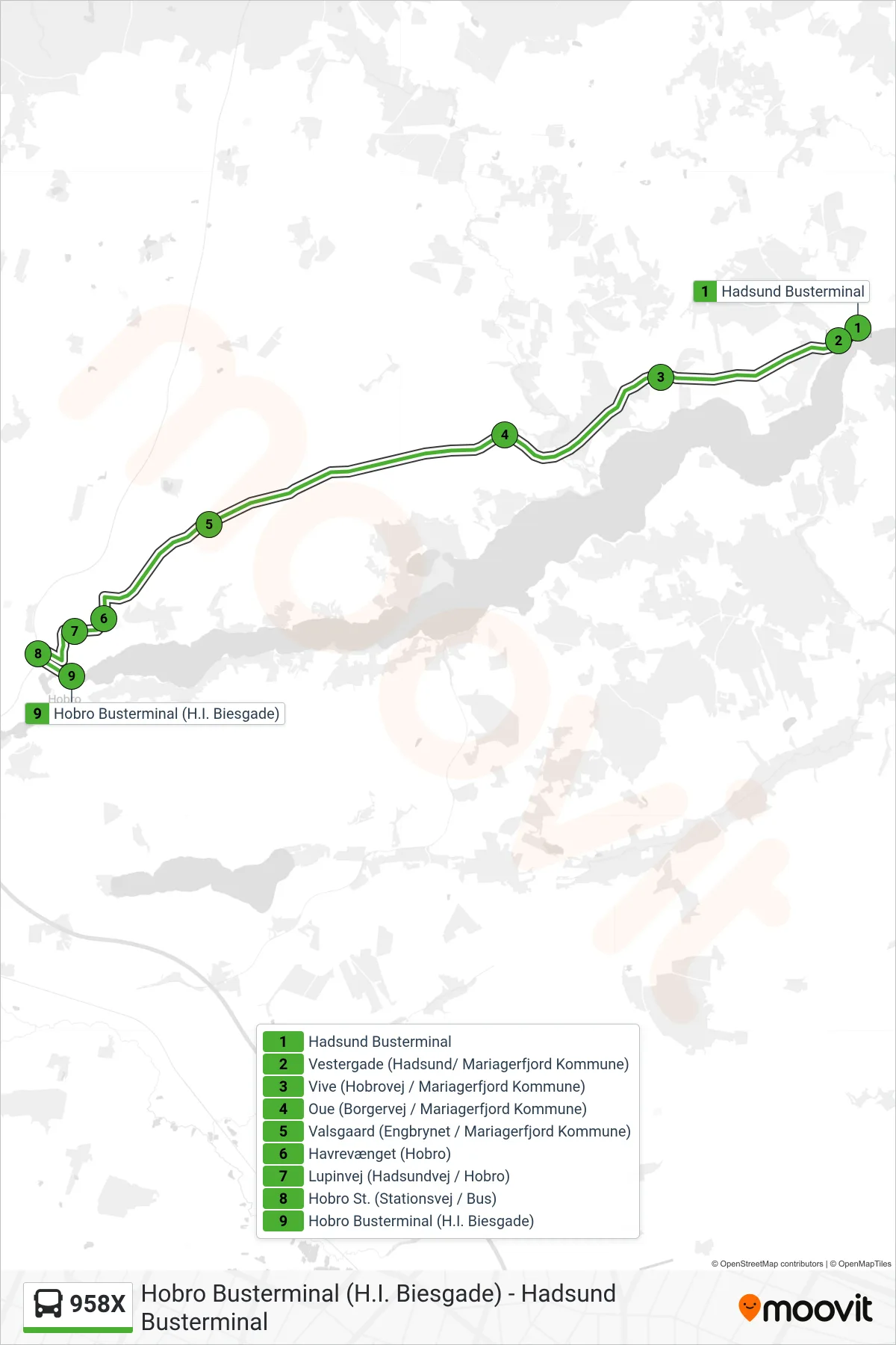 958X bus Linje (Hobro Busterminal) rute og stop på et kort