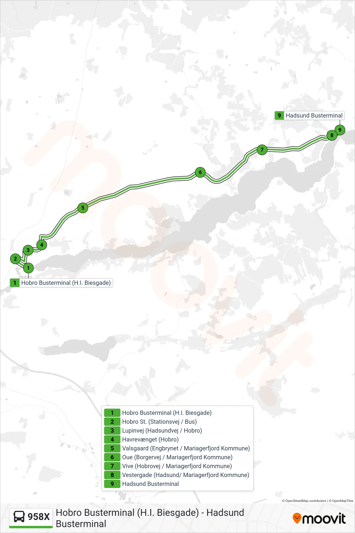 958X bus Linje (Hadsund) rute og stop på et kort