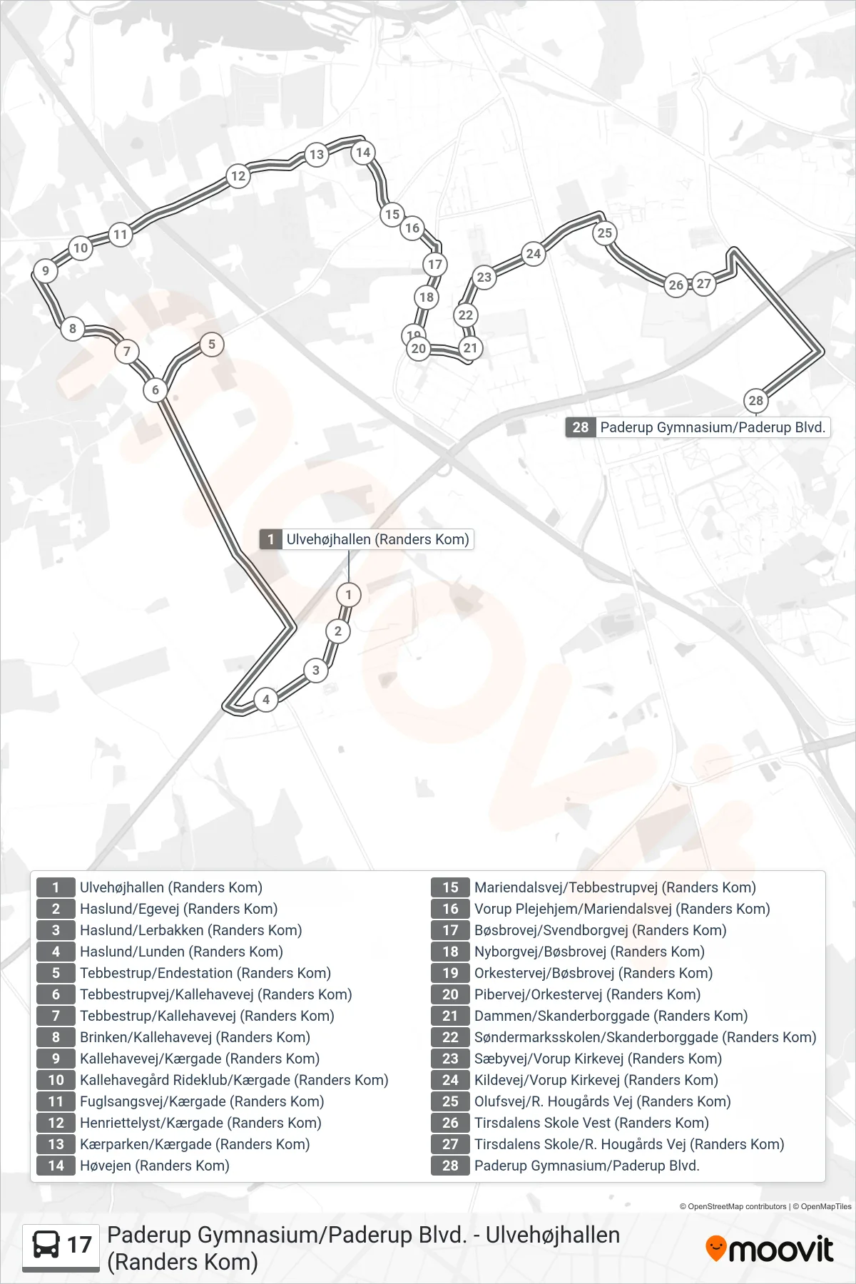 17 bus Linje (Paderup Gymnasium/Paderup Blvd.) rute og stop på et kort