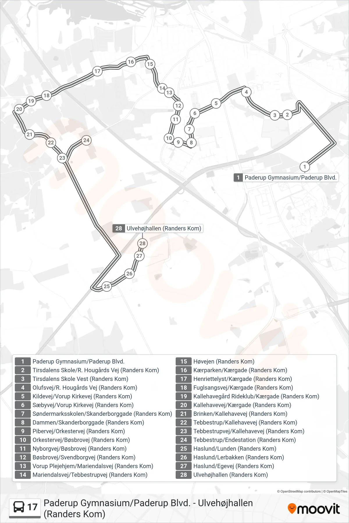 17 bus Linje (Ulvehøjhallen (Randers Kom)) rute og stop på et kort