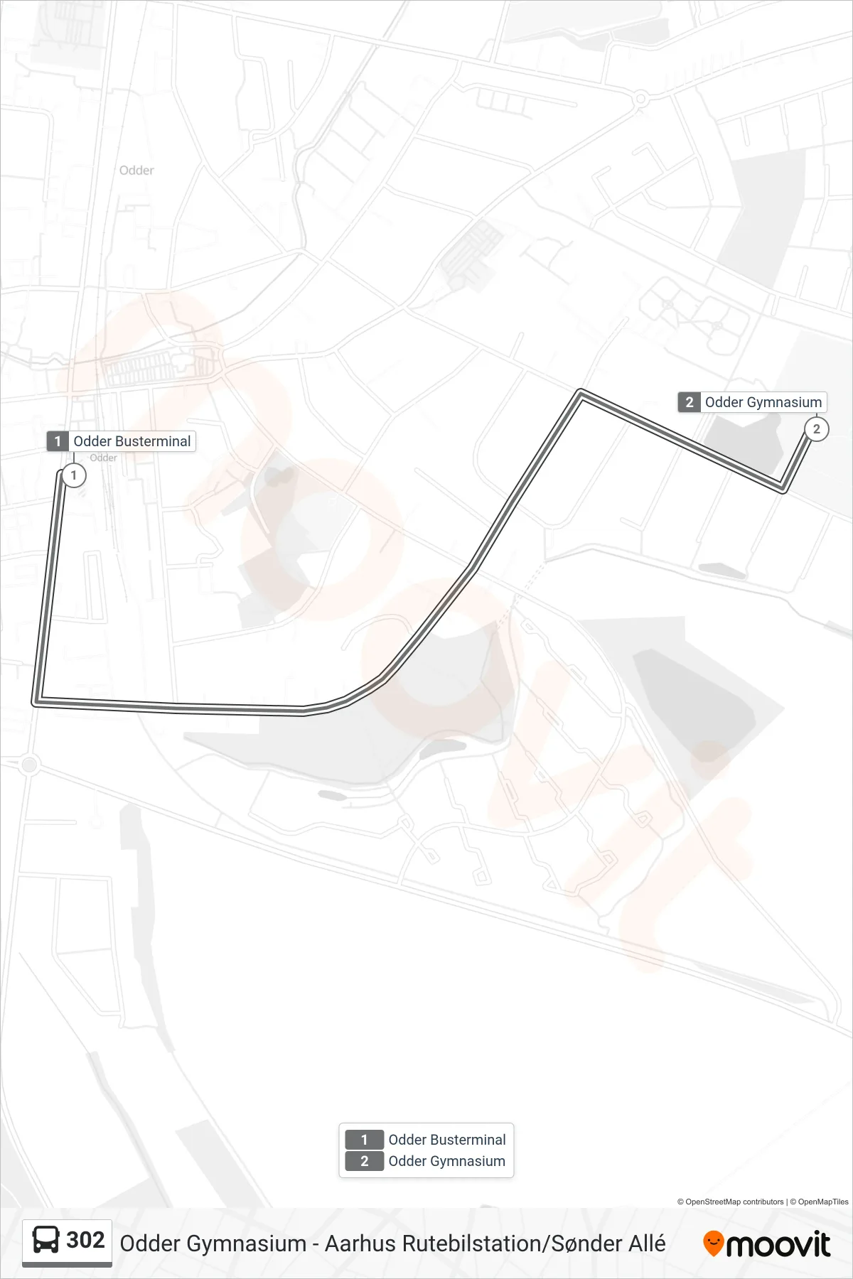 302 bus Linje (Odder Gymnasium) rute og stop på et kort