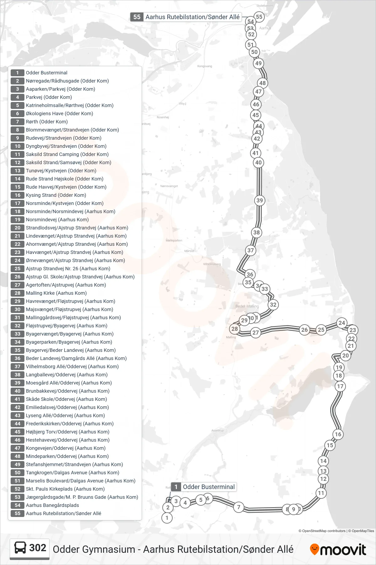 302 bus Linje (Aarhus Rutebilstation) rute og stop på et kort
