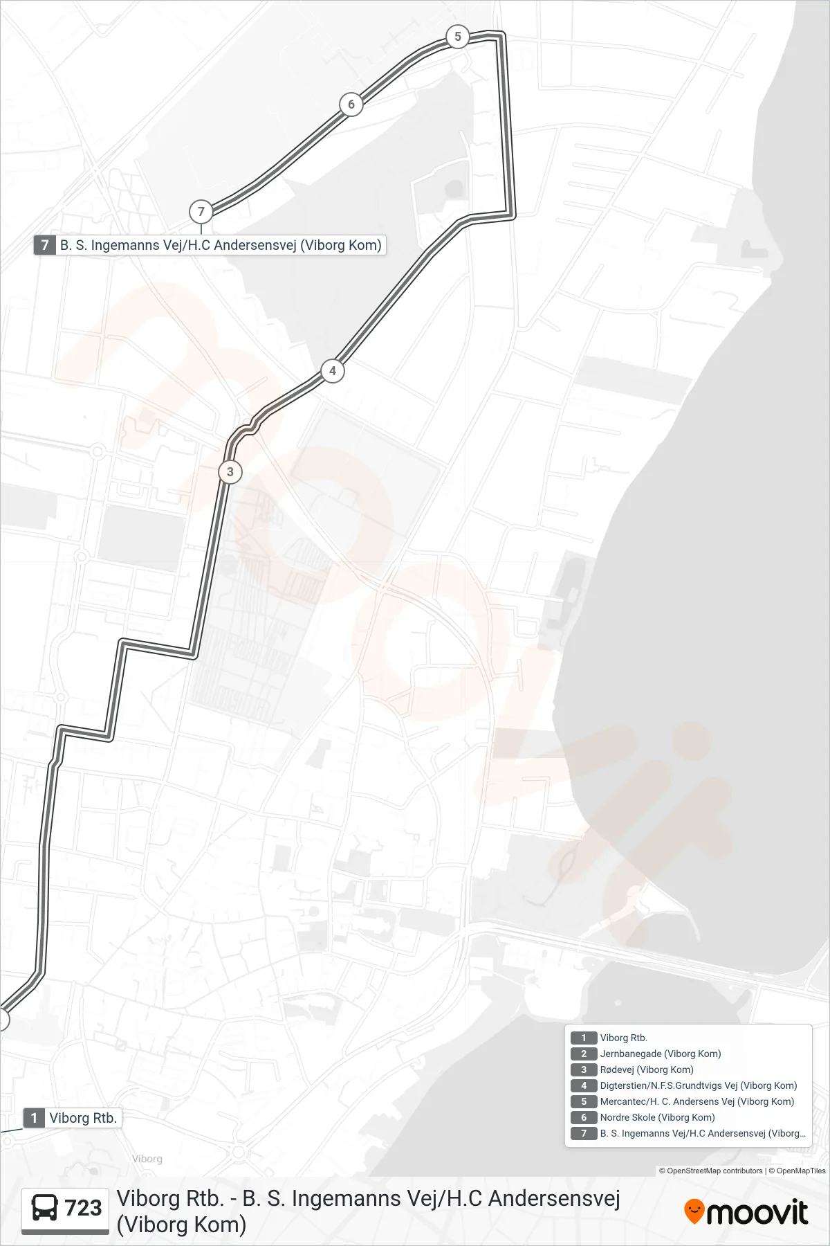 723 bus Linje (Mercantec Og Nordre Skole) rute og stop på et kort