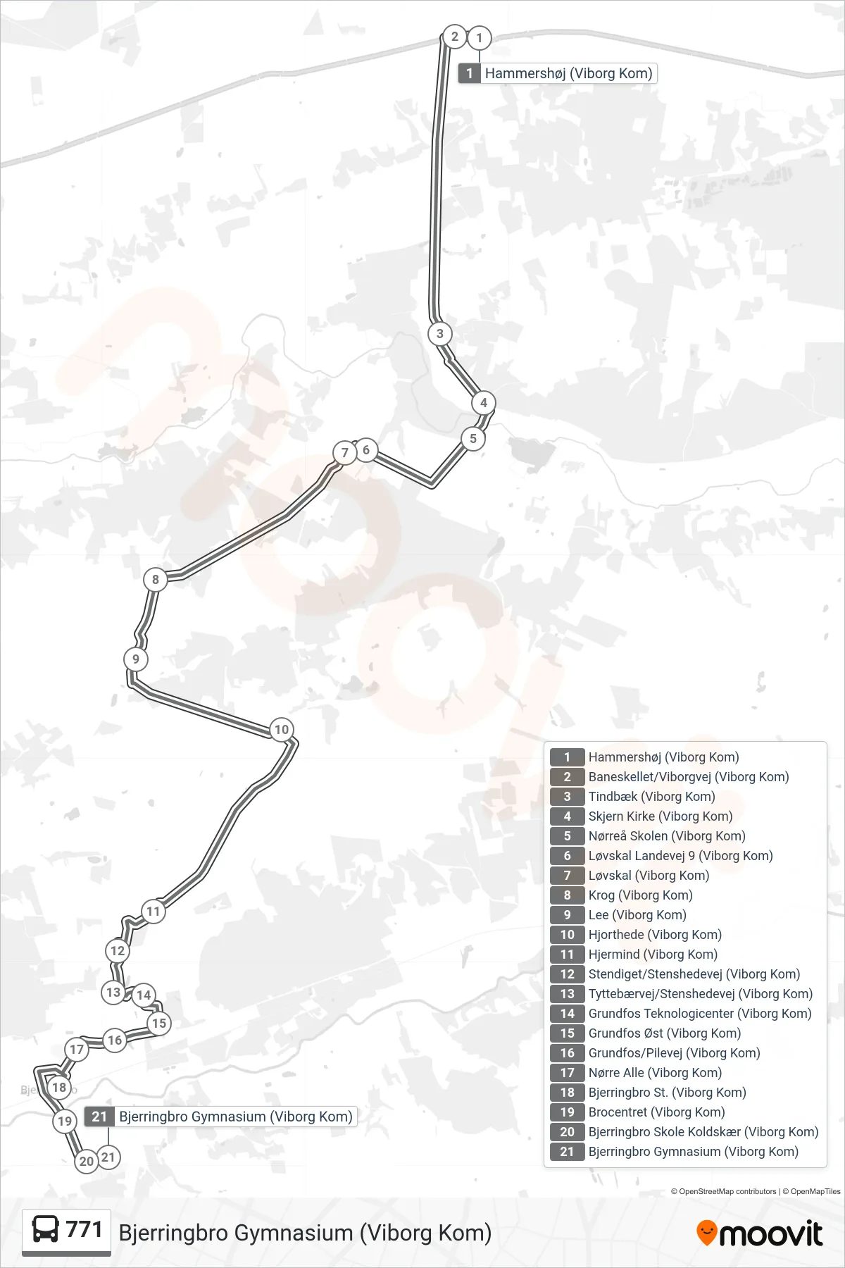771 bus Linje (Bjerringbro Gymnasium (Viborg Kom)) rute og stop på et kort