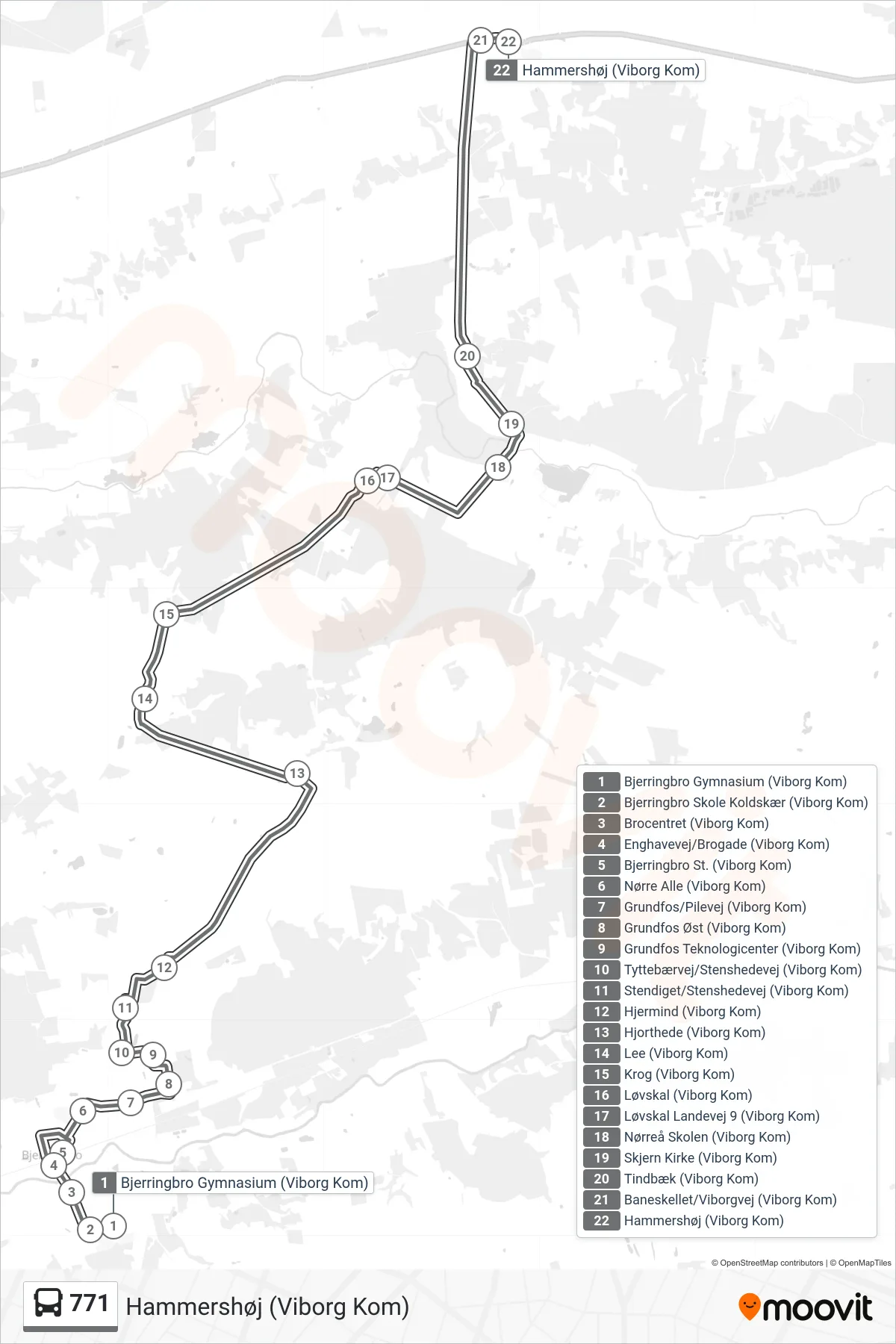 771 bus Linje (Hammershøj (Viborg Kom)) rute og stop på et kort