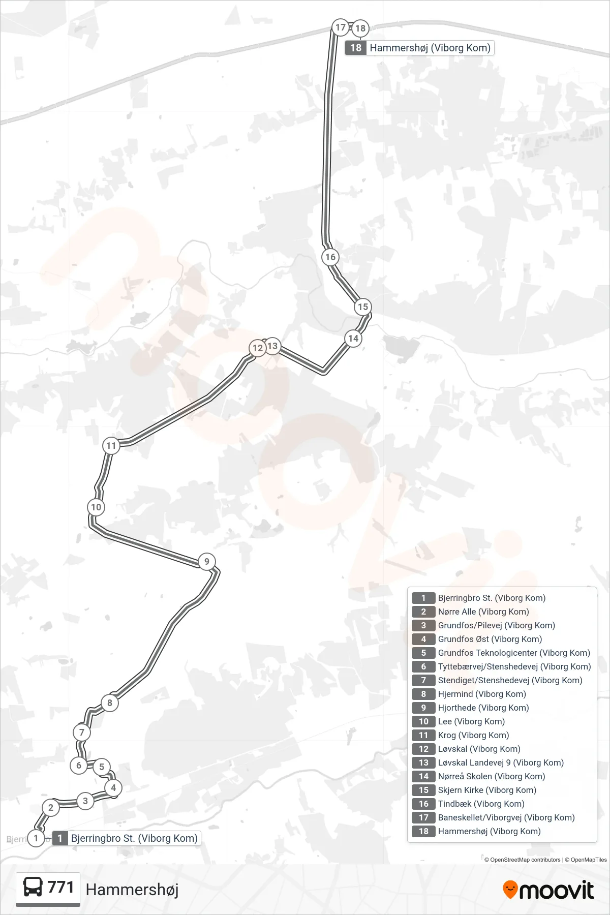 771 bus Linje (Hammershøj) rute og stop på et kort