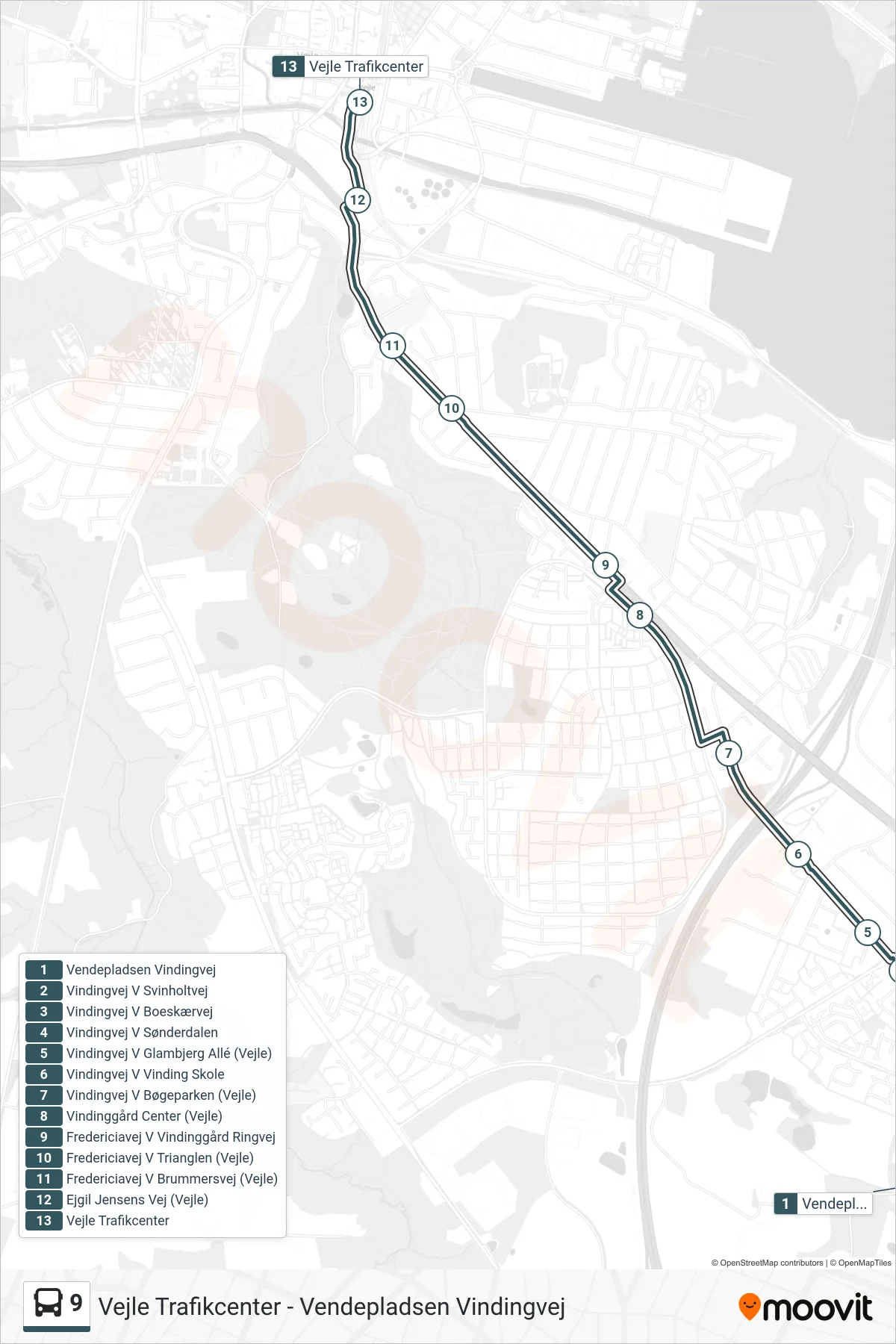 9 bus Linje (Vejle Trafikcenter) rute og stop på et kort