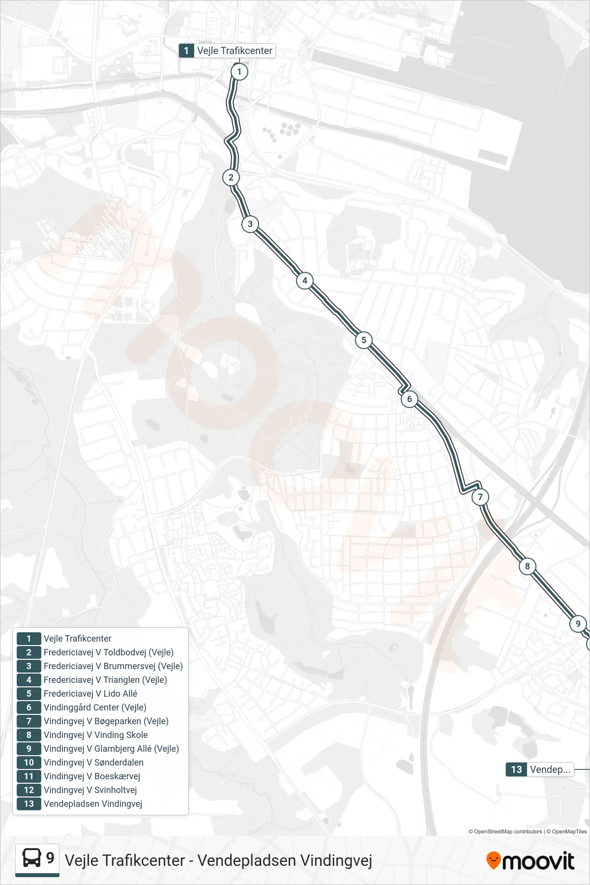 9 bus Linje (Vendepladsen Vindingvej) rute og stop på et kort