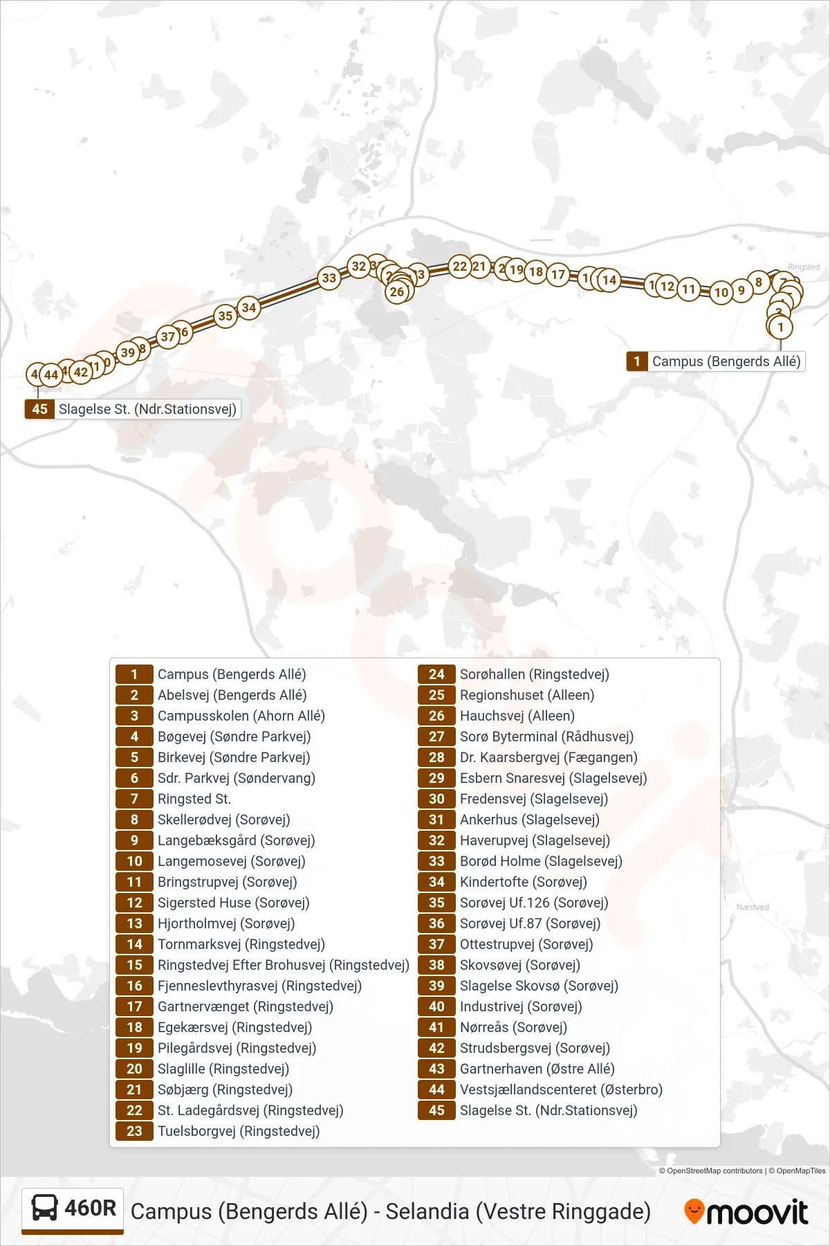 460R bus Linje (Slagelse St. (Ndr.Stationsvej)) rute og stop på et kort