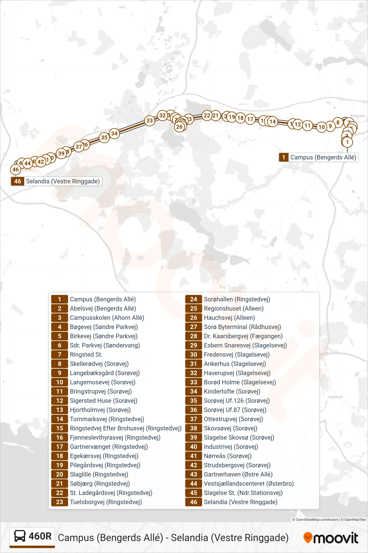 460R bus Line (Selandia (Vestre Ringgade)) route and stops on a map