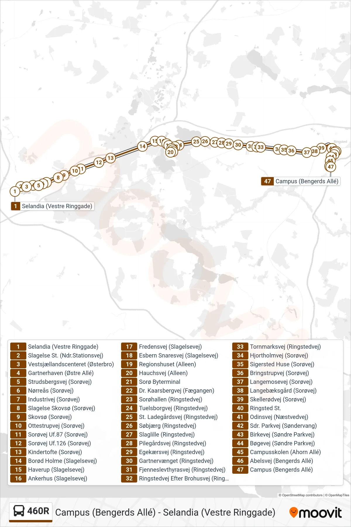 460R bus Linje (Ringsted St.) rute og stop på et kort
