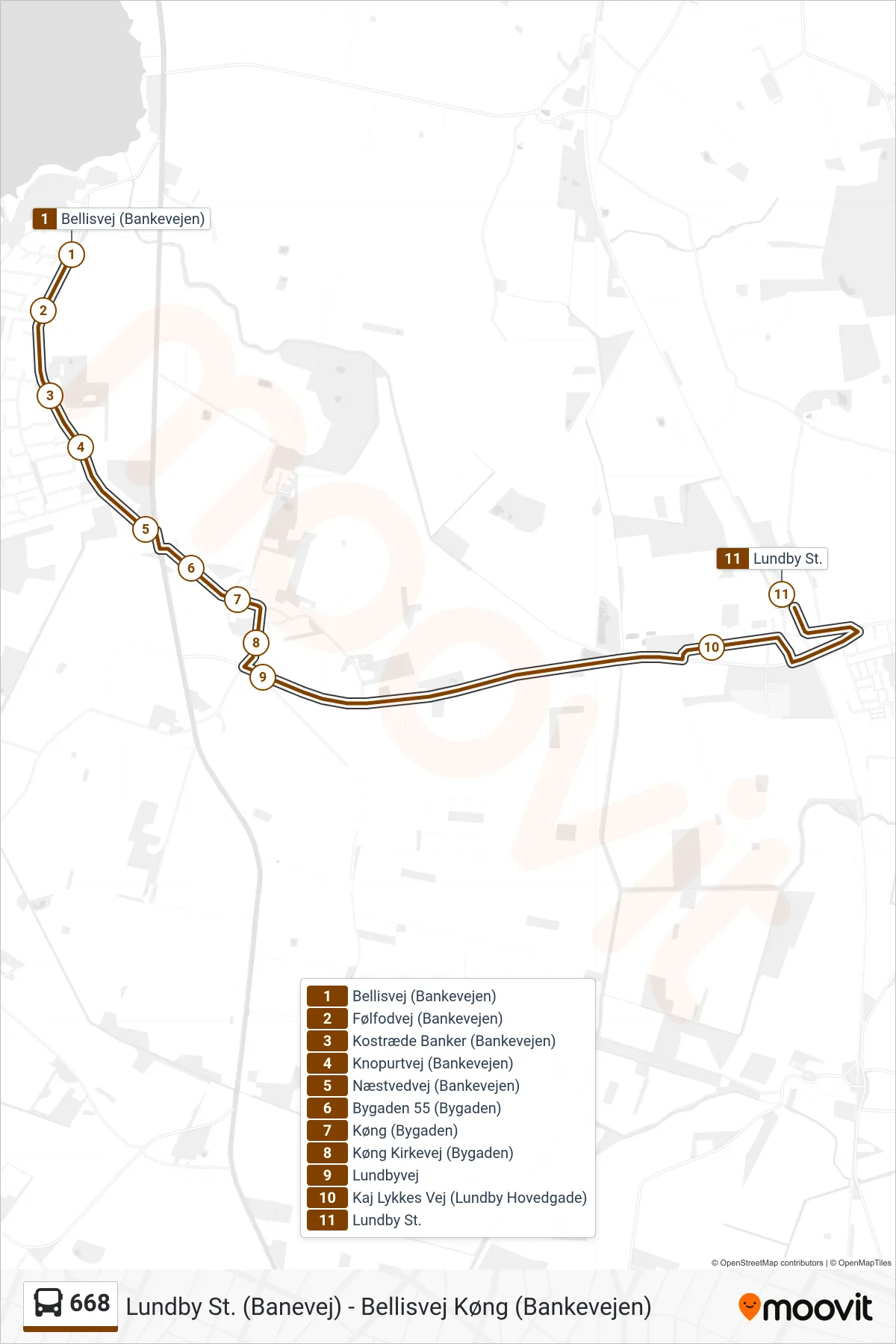 668 bus Linje (Lundby Station) rute og stop på et kort