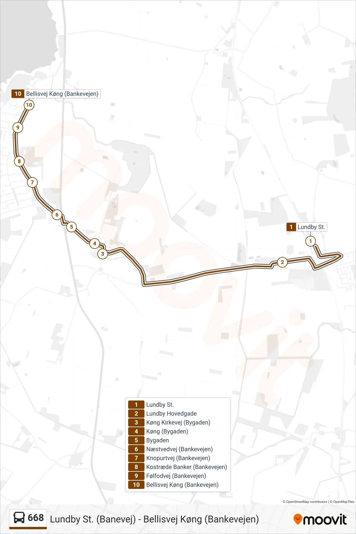 668 bus Linje (Køng) rute og stop på et kort