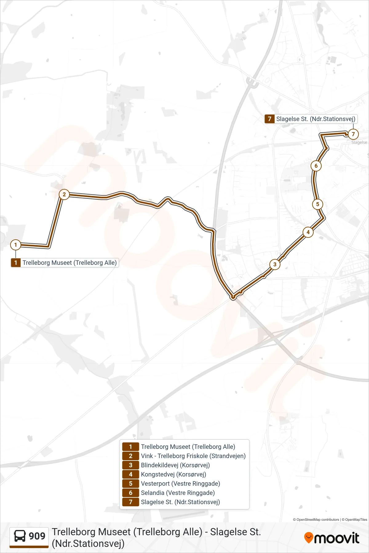 909 bus Linje (Slagelse St.) rute og stop på et kort