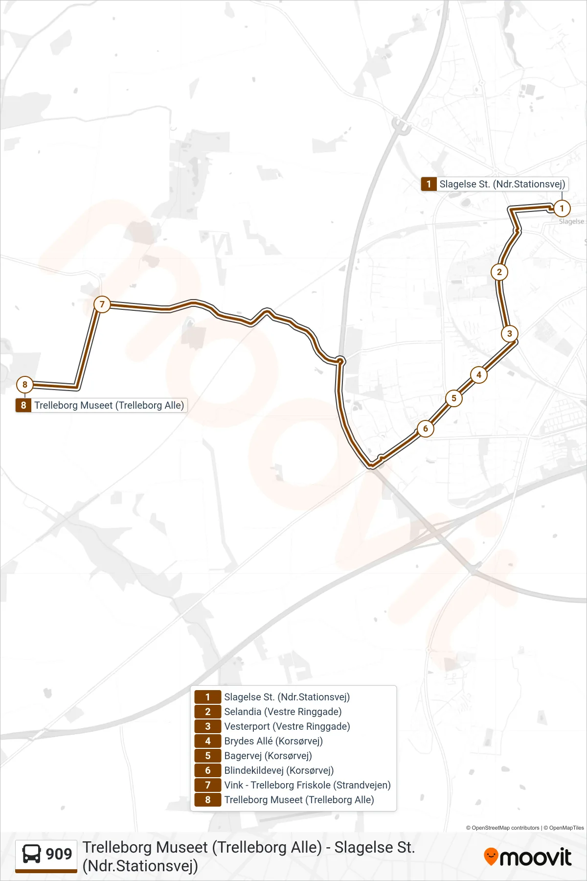 909 bus Linje (Trelleborg (Museet)) rute og stop på et kort