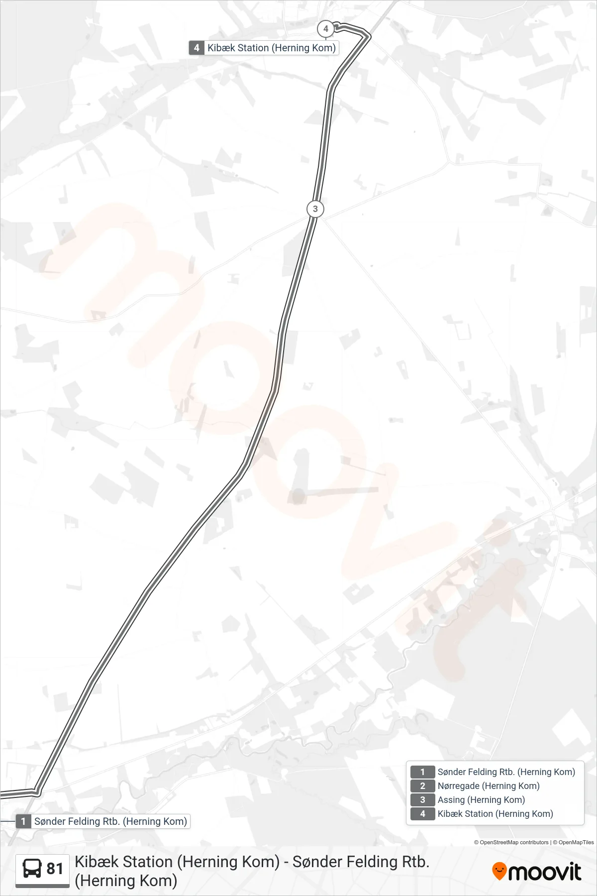81 bus Linje (Kibæk Station (Flexbus - Skal Bestilles)) rute og stop på et kort