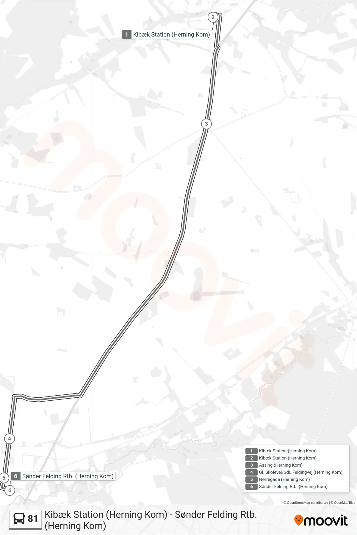 81 bus Linje (Sønder Felding Rtb. (Flexbus - Skal Bestilles)) rute og stop på et kort