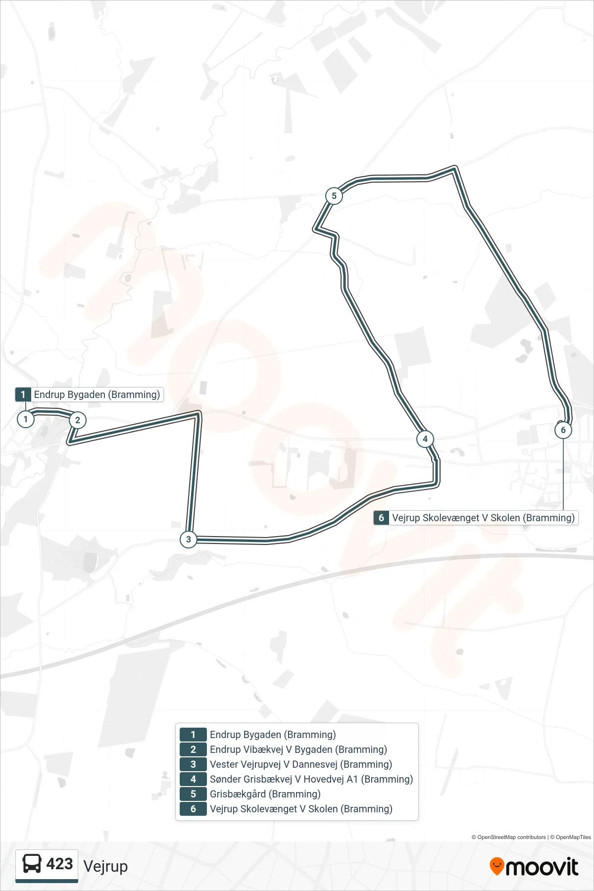 423 bus Linje (Vejrup) rute og stop på et kort
