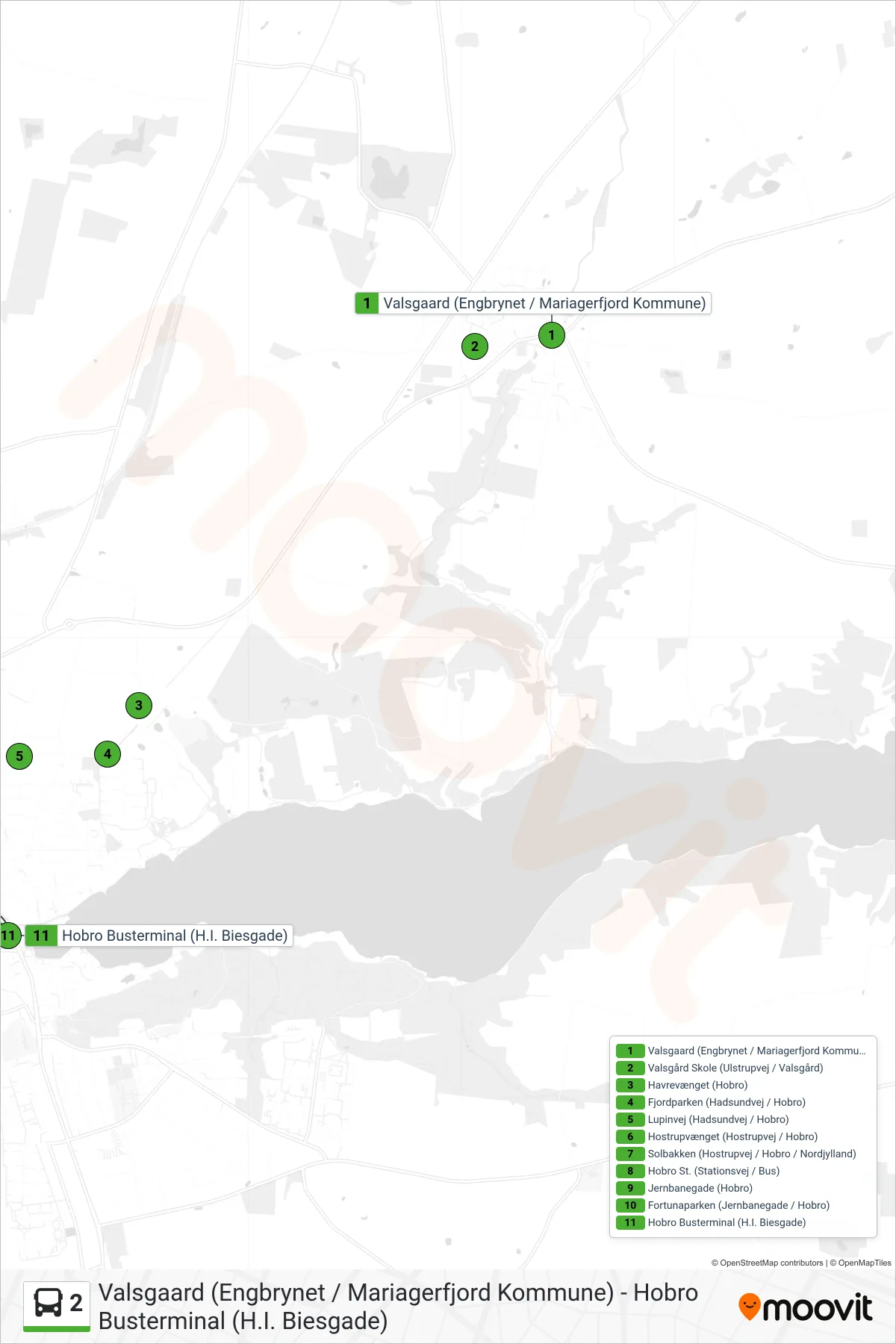 2 bus Linje (Hobro Busterminal) rute og stop på et kort
