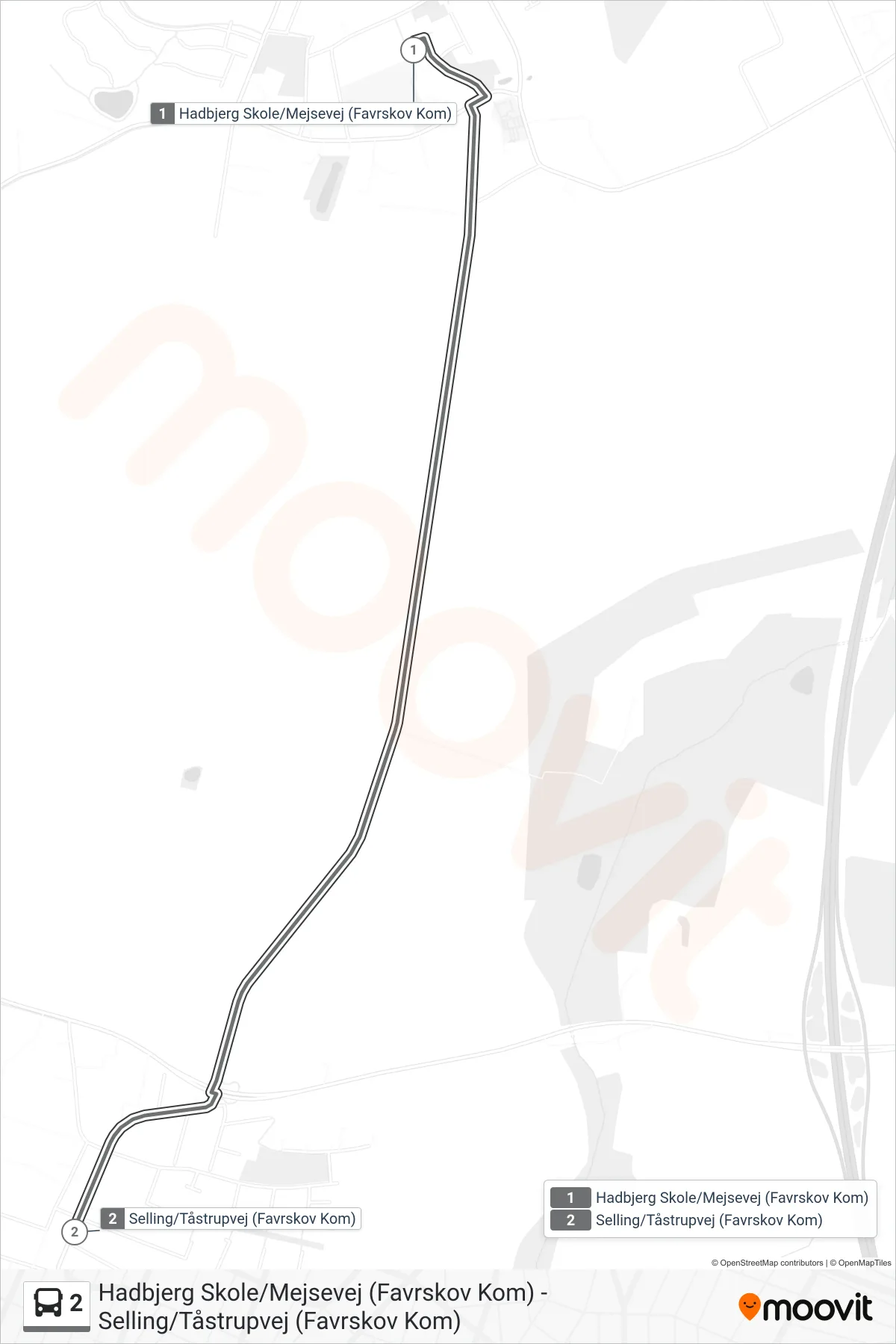 2 bus Linje (Selling/Tåstrupvej (Favrskov Kom)) rute og stop på et kort