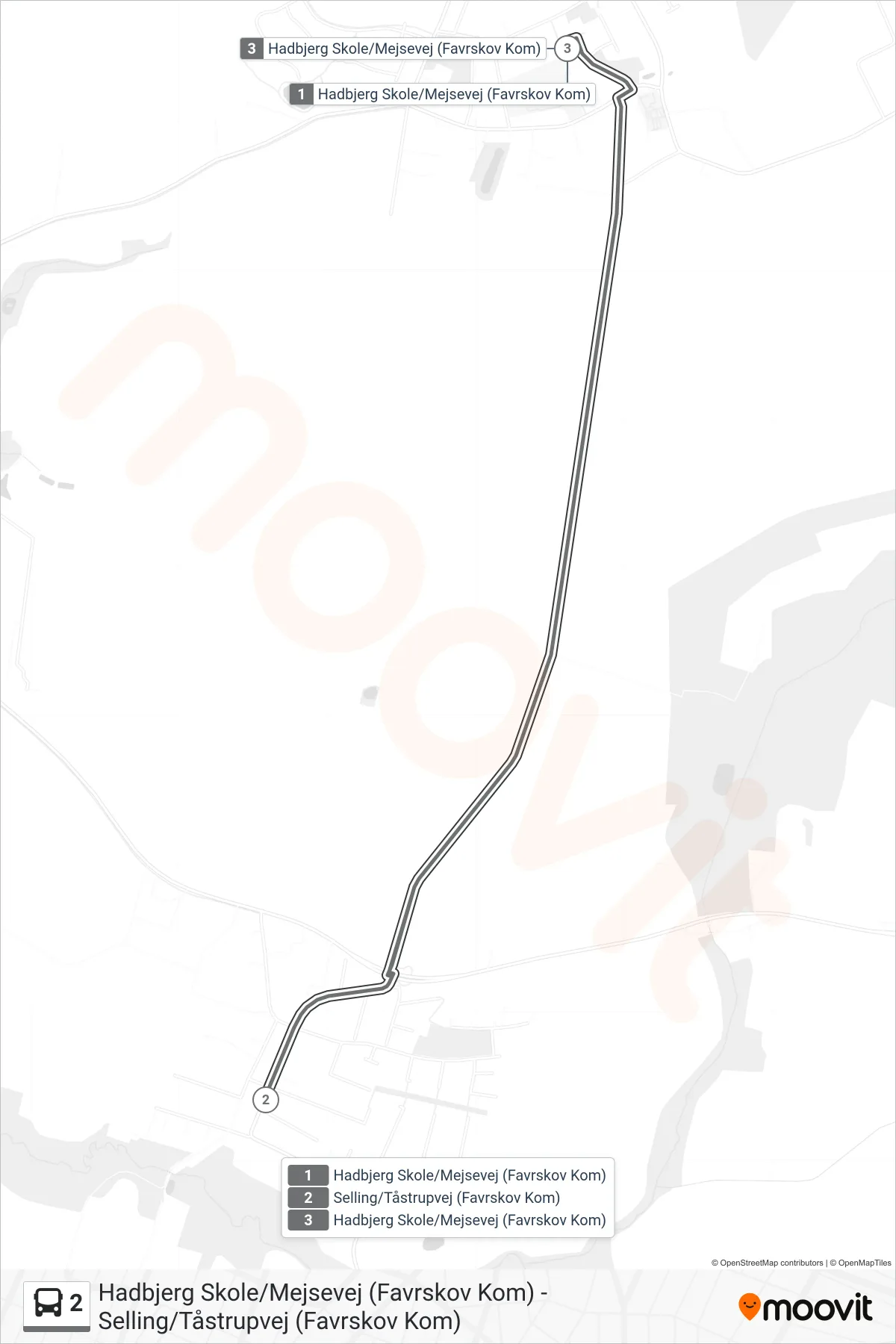 2 bus Linje (Hadbjerg Skole/Mejsevej (Favrskov Kom)) rute og stop på et kort