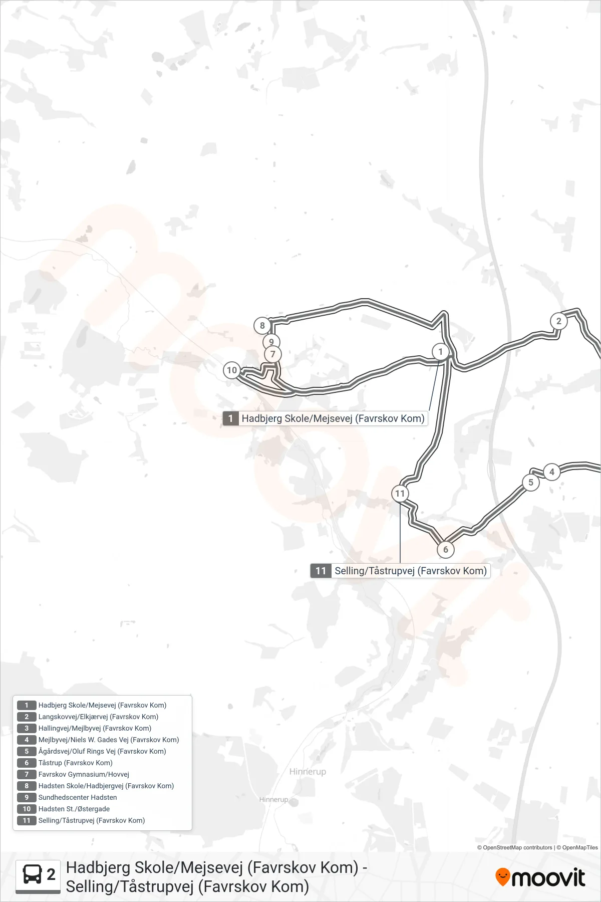 2 bus Linje (Hadsten St./Østergade) rute og stop på et kort