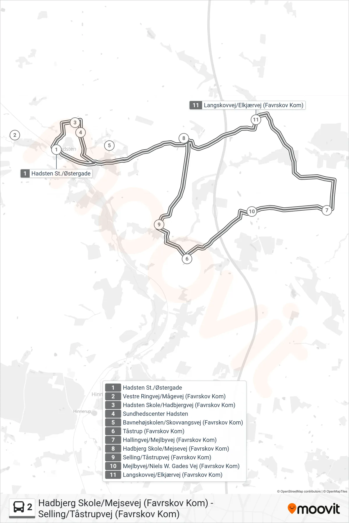 2 bus Linje (Hadsten St./Østergade) rute og stop på et kort