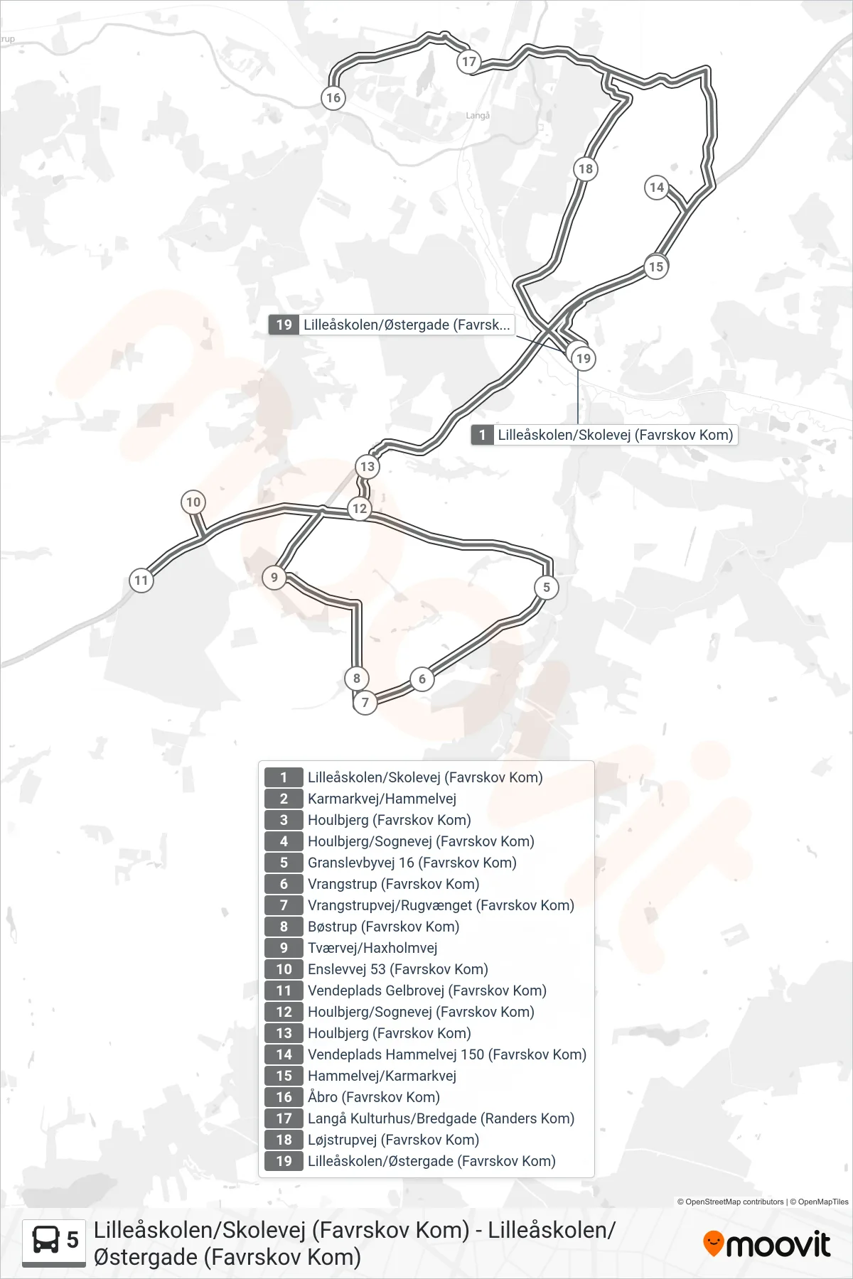 5 bus Linje (Lilleåskolen/Østergade (Favrskov Kom)) rute og stop på et kort