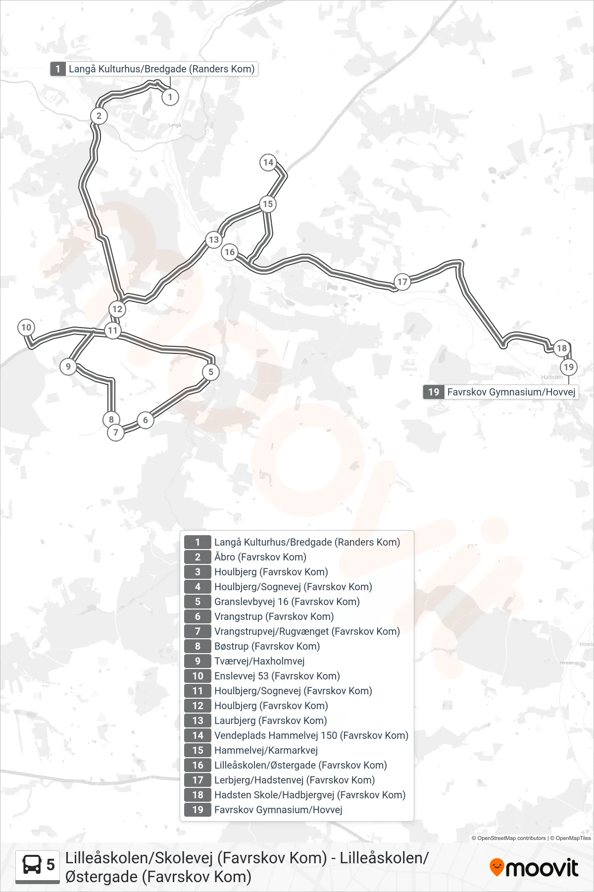5 bus Linje (Favrskov Gymnasium/Hovvej) rute og stop på et kort