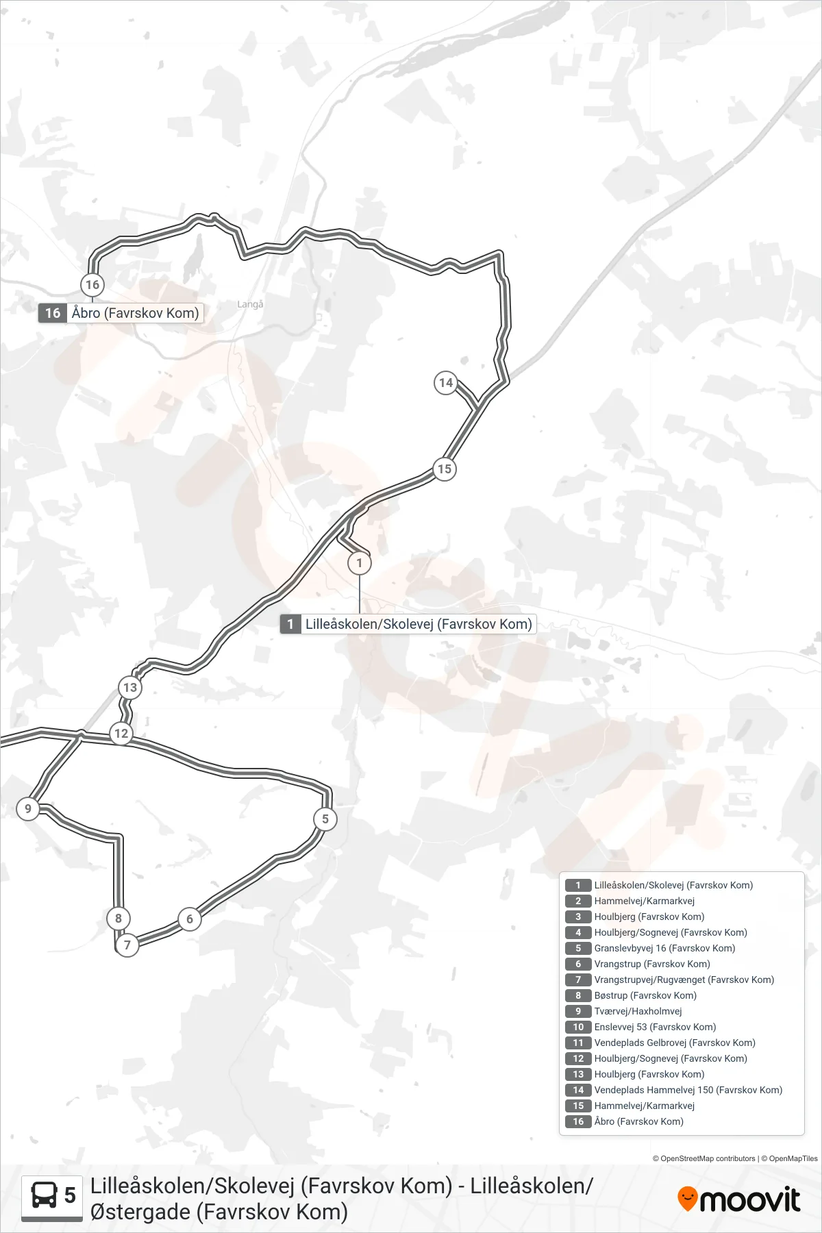 5 bus Linje (Åbro (Favrskov Kom)) rute og stop på et kort
