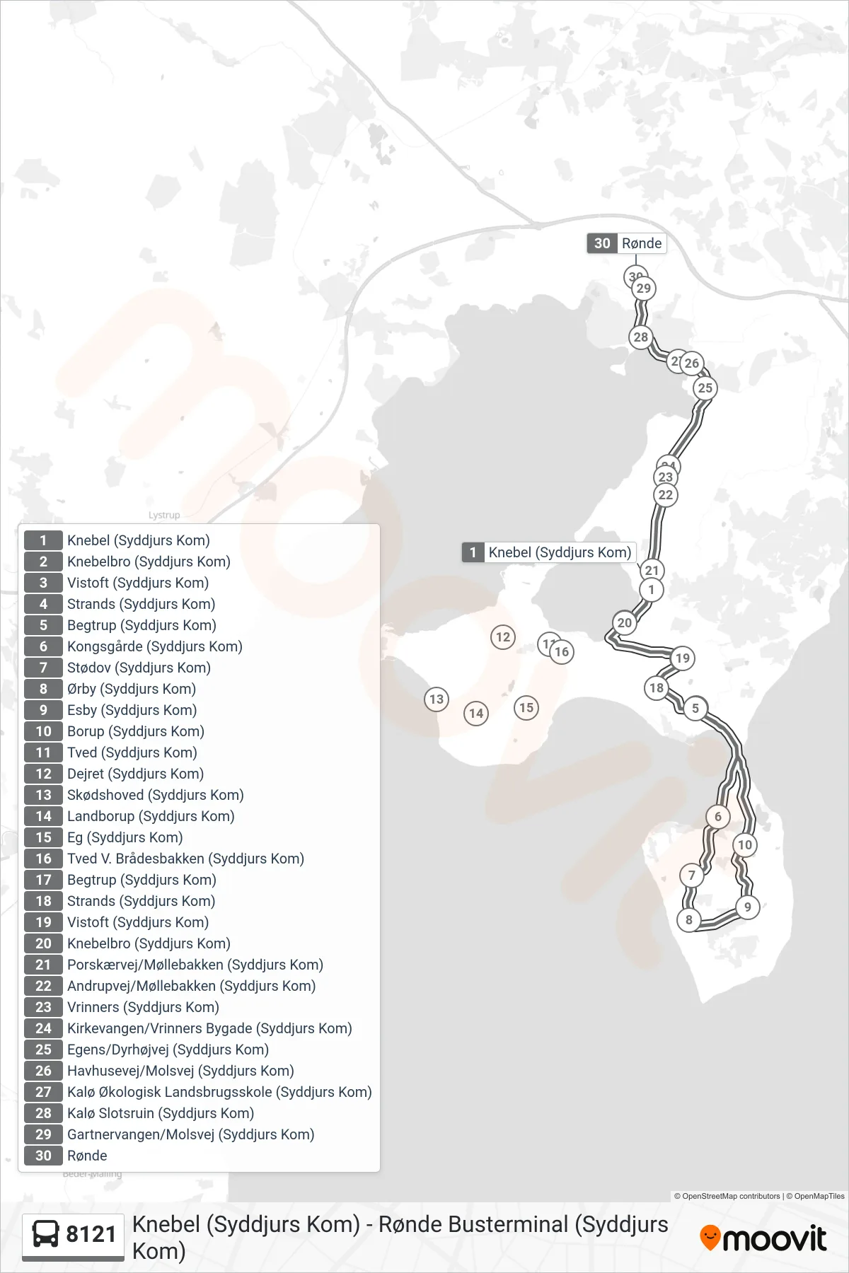 8121 bus Linje (Rønde Busterminal (Syddjurs Kom)) rute og stop på et kort