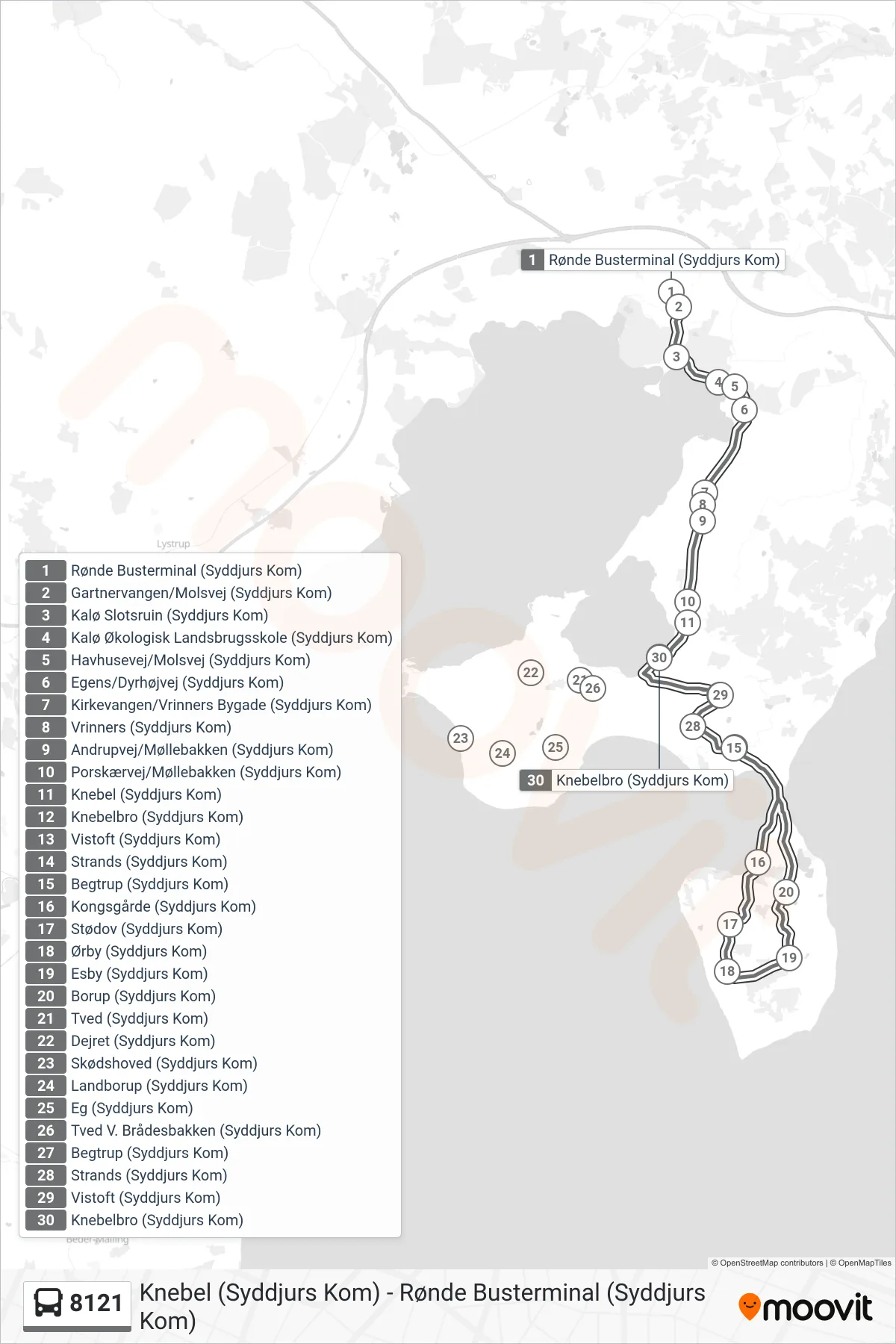 8121 bus Linje (Knebel (Syddjurs Kom)) rute og stop på et kort