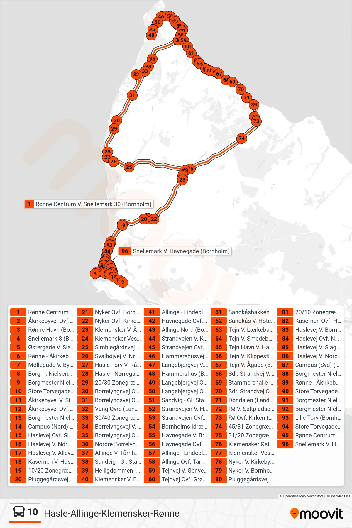 10 bus Linje (Hasle-Allinge-Klemensker-Rønne) rute og stop på et kort