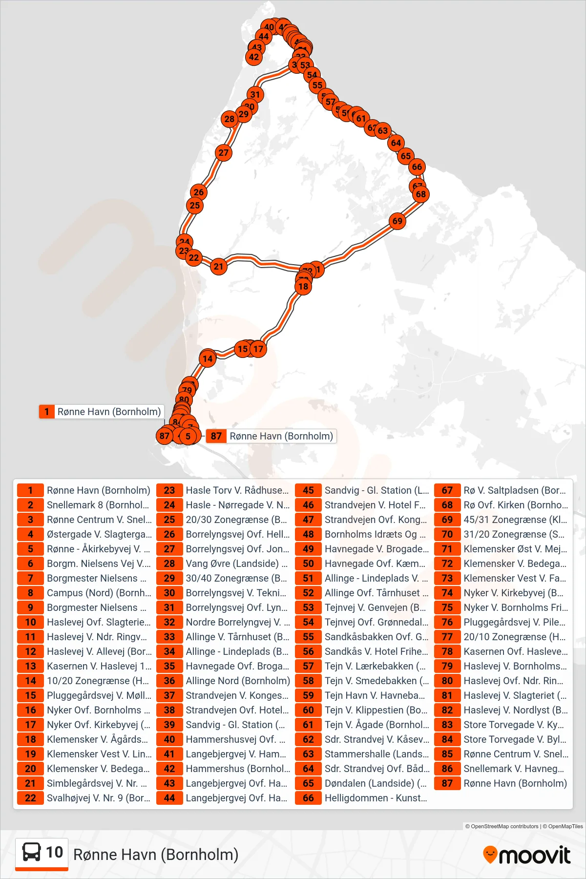 10 bus Linje (Rønne Havn (Bornholm)) rute og stop på et kort