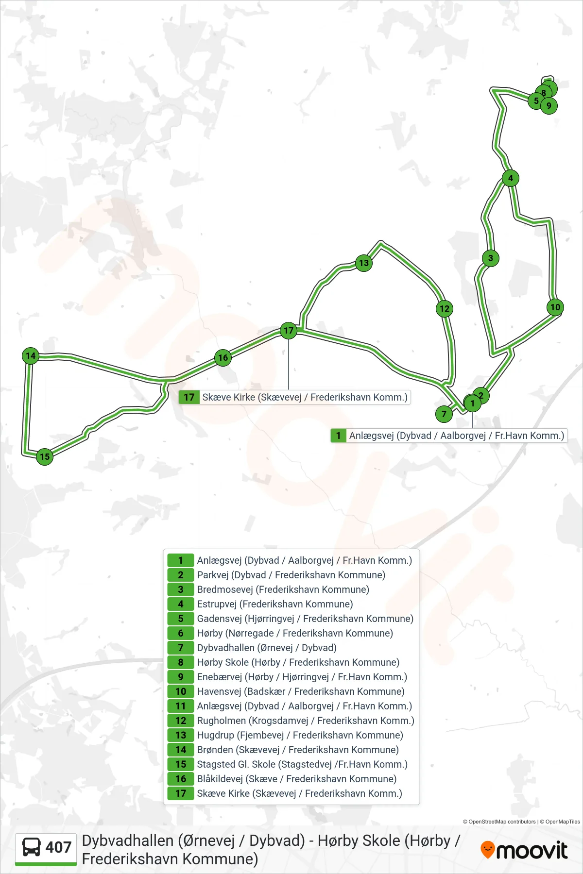 407 bus Linje (Dybvadhallen (Ørnevej / Dybvad)) rute og stop på et kort