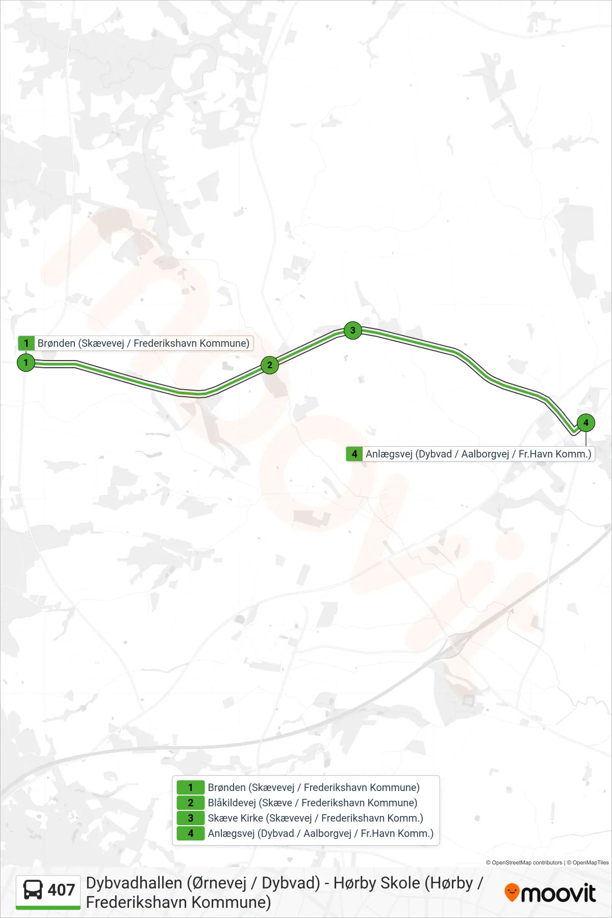 407 bus Linje (Anlægsvej (Dybvad / Aalborgvej / Fr.Havn Komm.)) rute og stop på et kort