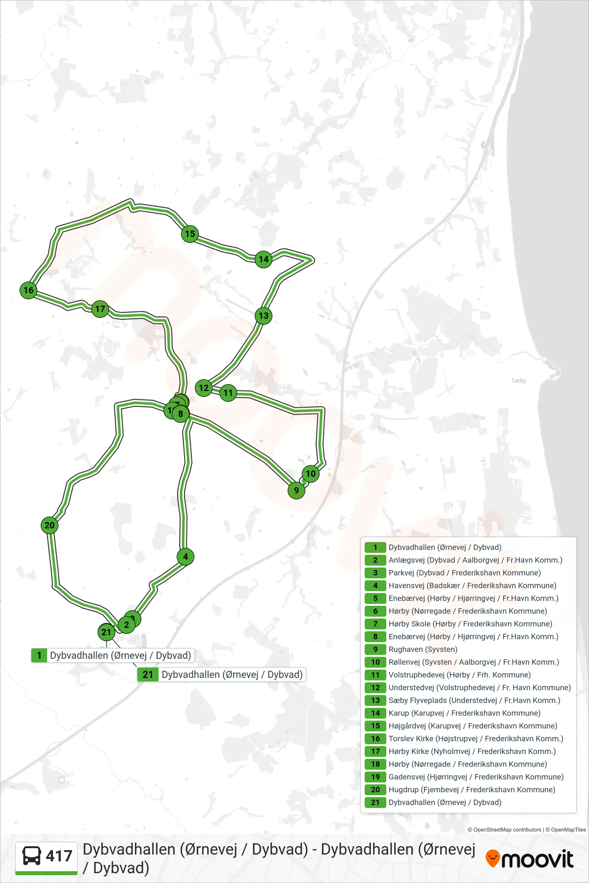 417 bus Linje (Dybvadhallen (Ørnevej / Dybvad)) rute og stop på et kort