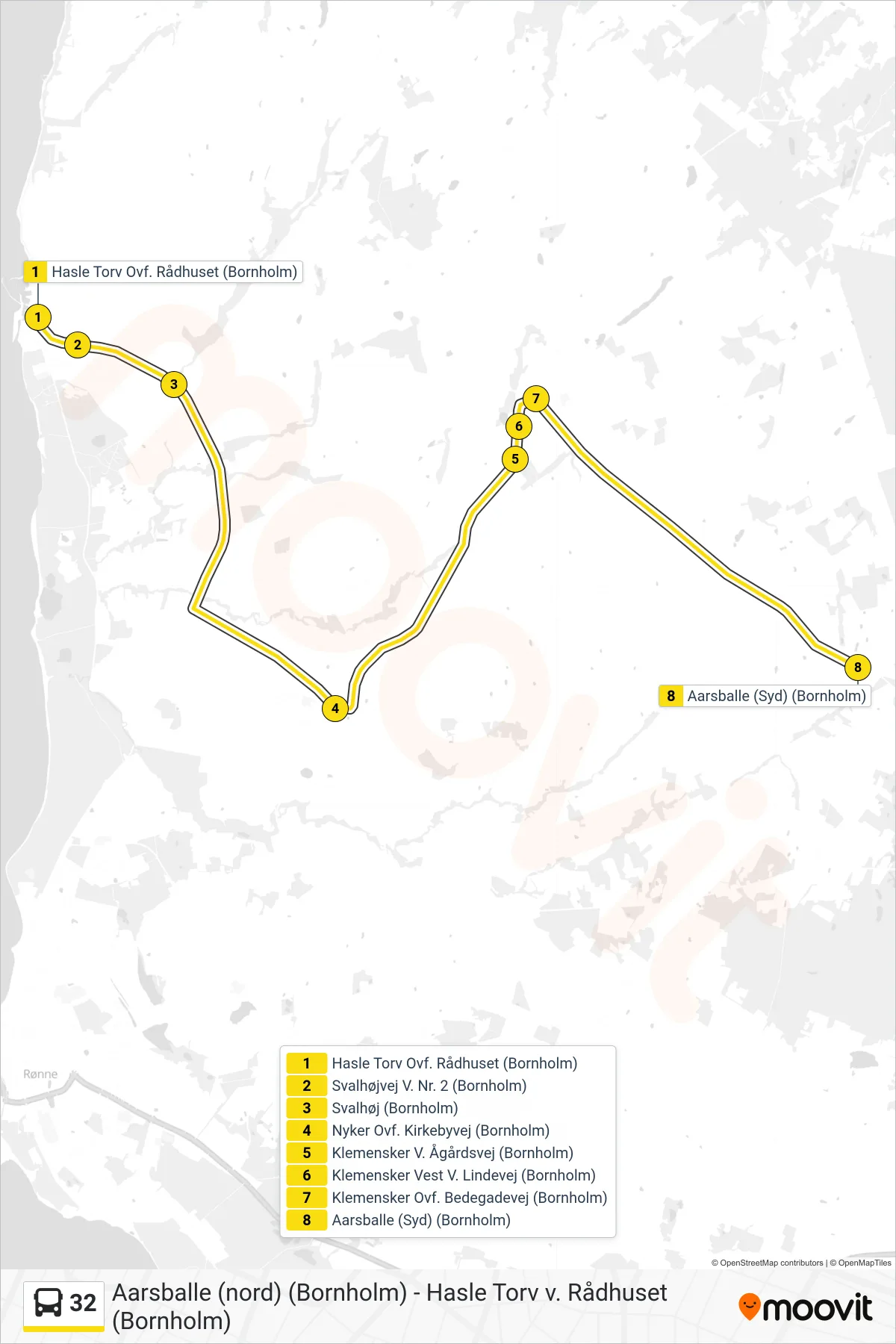 32 bus Linje (Aarsballe (Syd) (Bornholm)) rute og stop på et kort