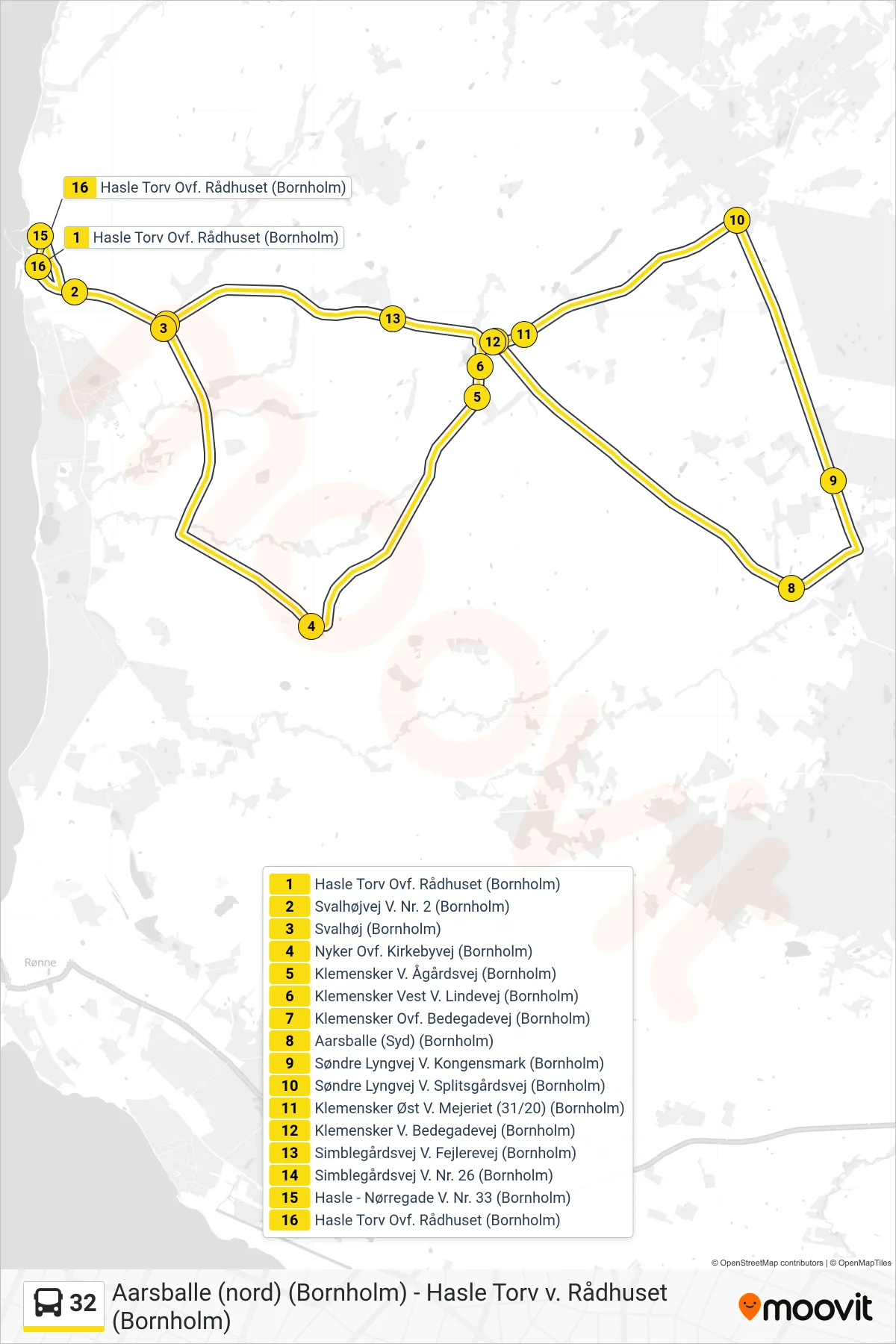 32 bus Linje (Hasle Torv Ovf. Rådhuset (Bornholm)) rute og stop på et kort